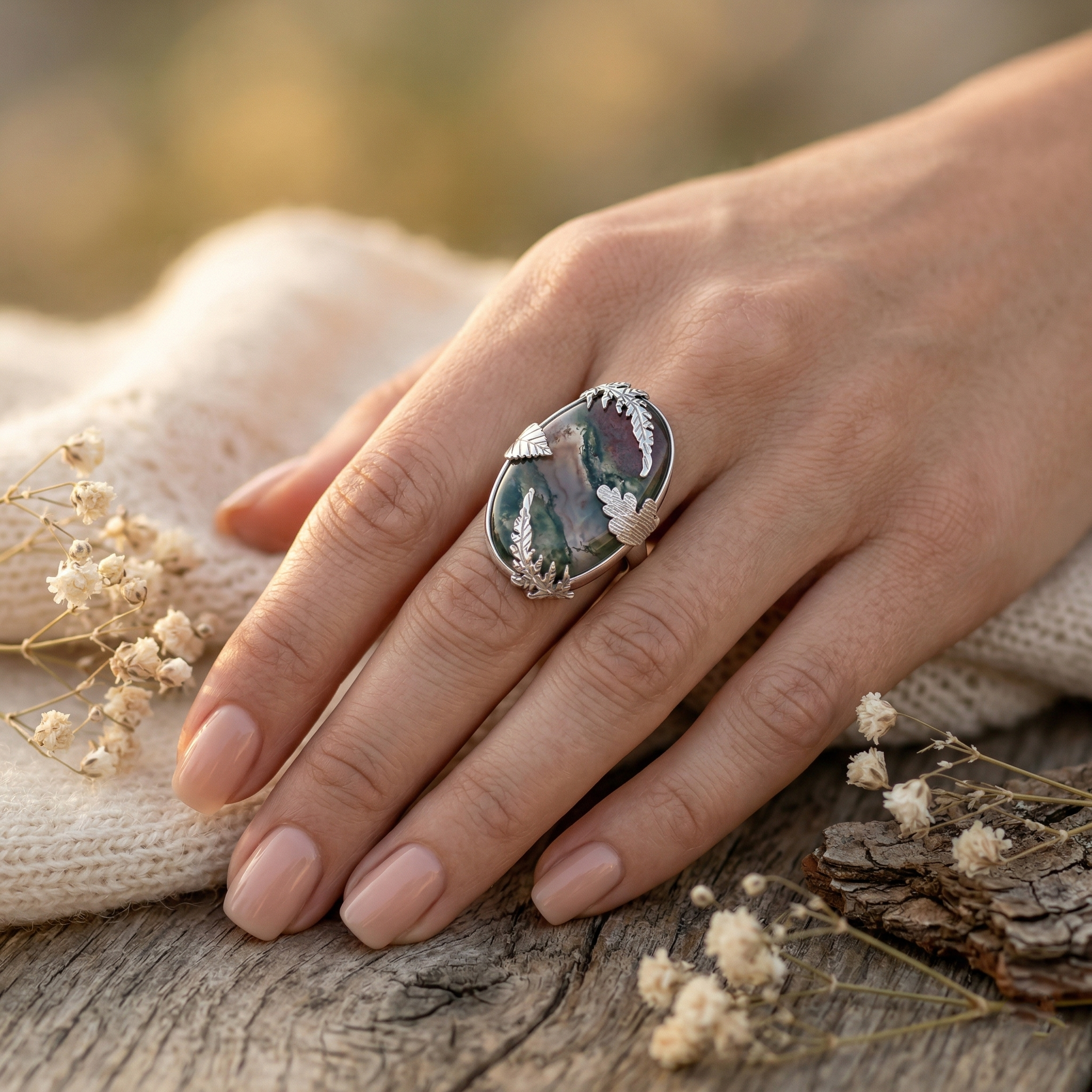 Forest Vein Moss Agate Statement Ring – 925 Sterling Silver