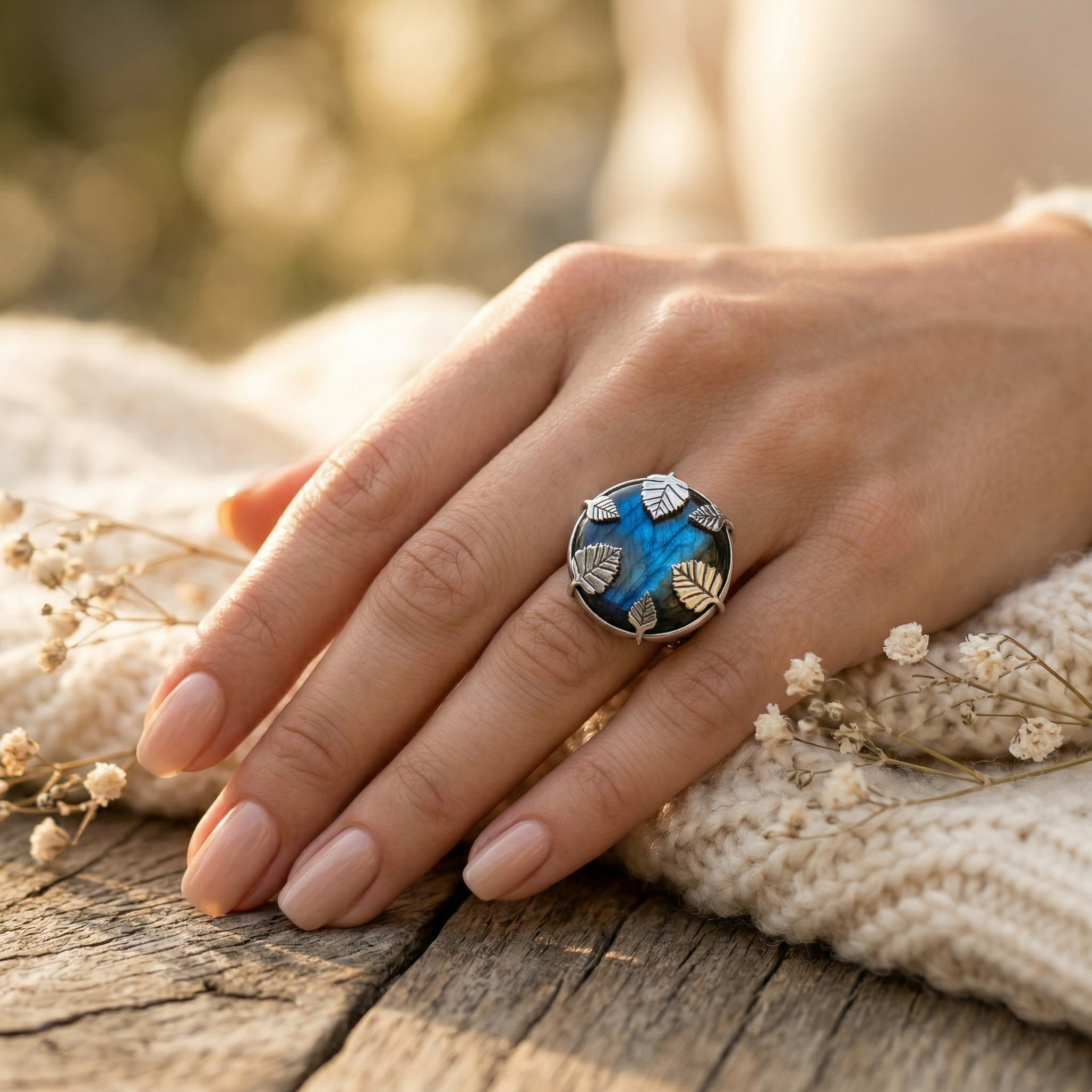 Midnight Leaf Labradorite Statement Ring – 925 Sterling Silver