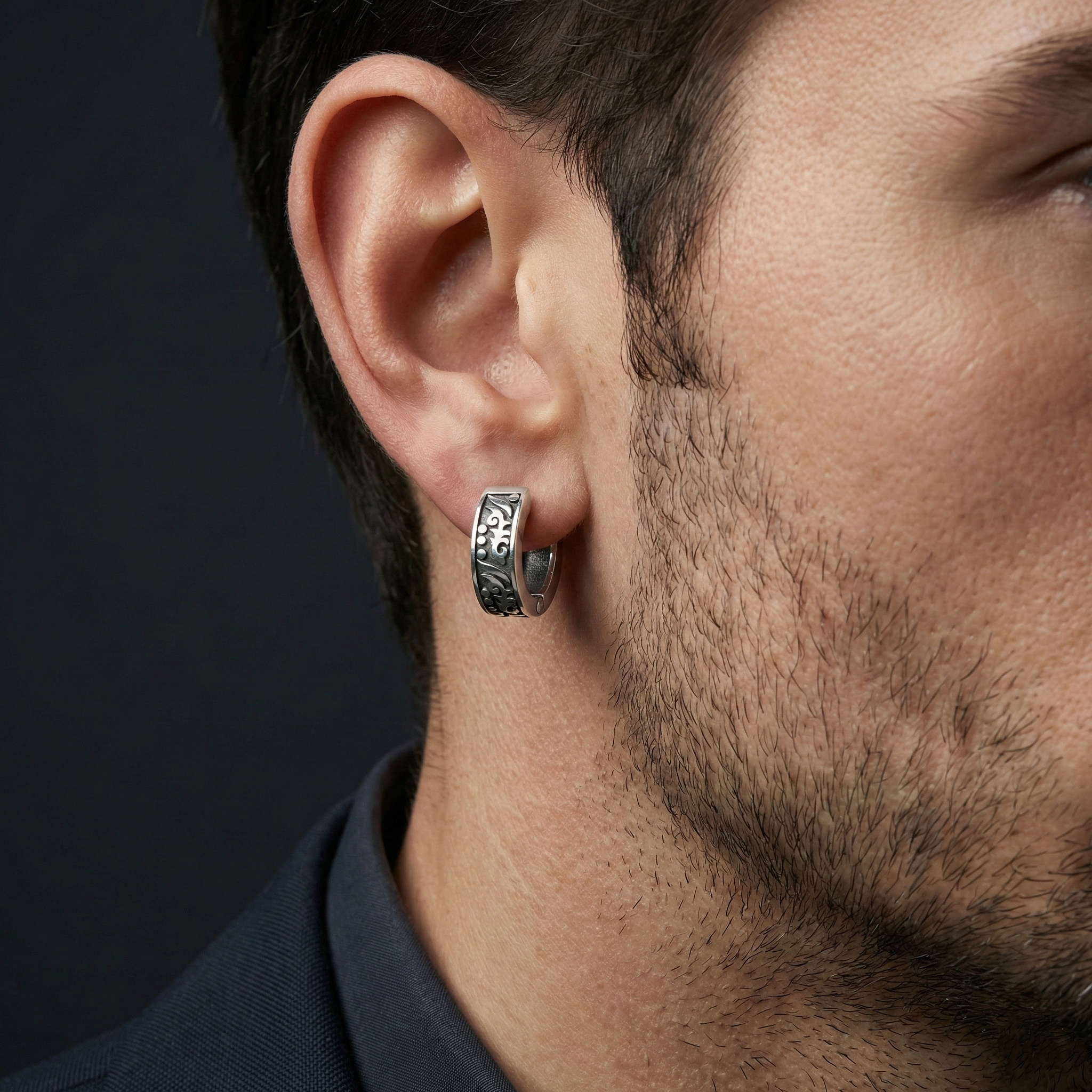 Men’s Vintage Ornamental Huggie Hoop Earrings – Oxidized 925 Sterling Silver