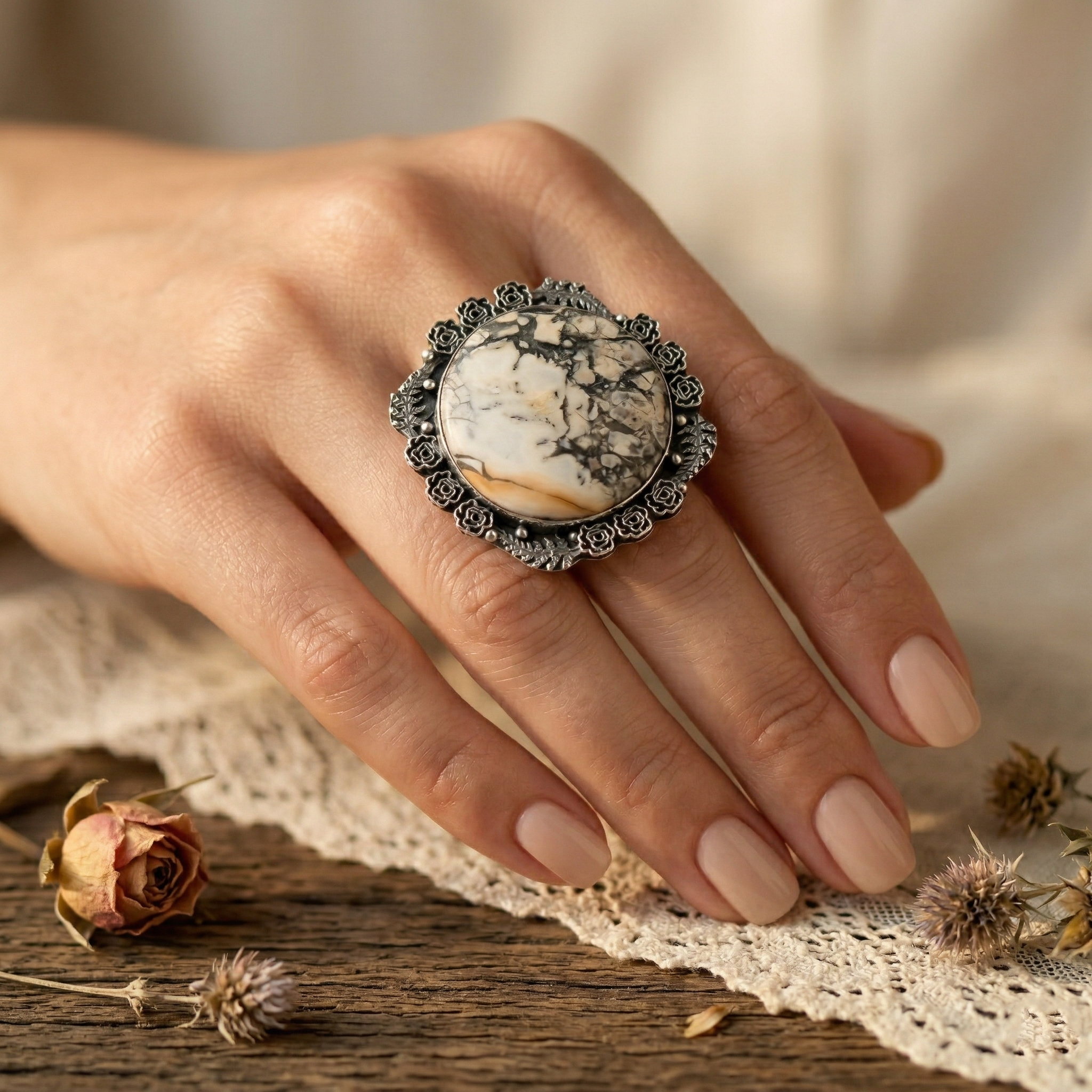 Art Stone Picasso Jasper Statement Ring – 925 Sterling Silver