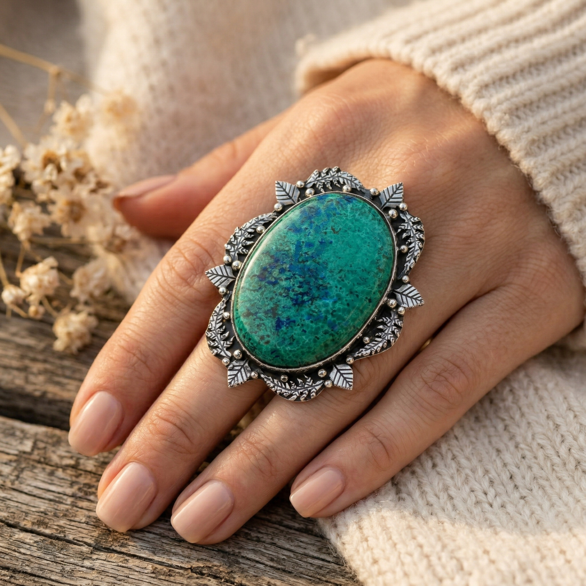 Chrysocolla Statement Ring – 925 Sterling Silver Oval Gemstone Ring