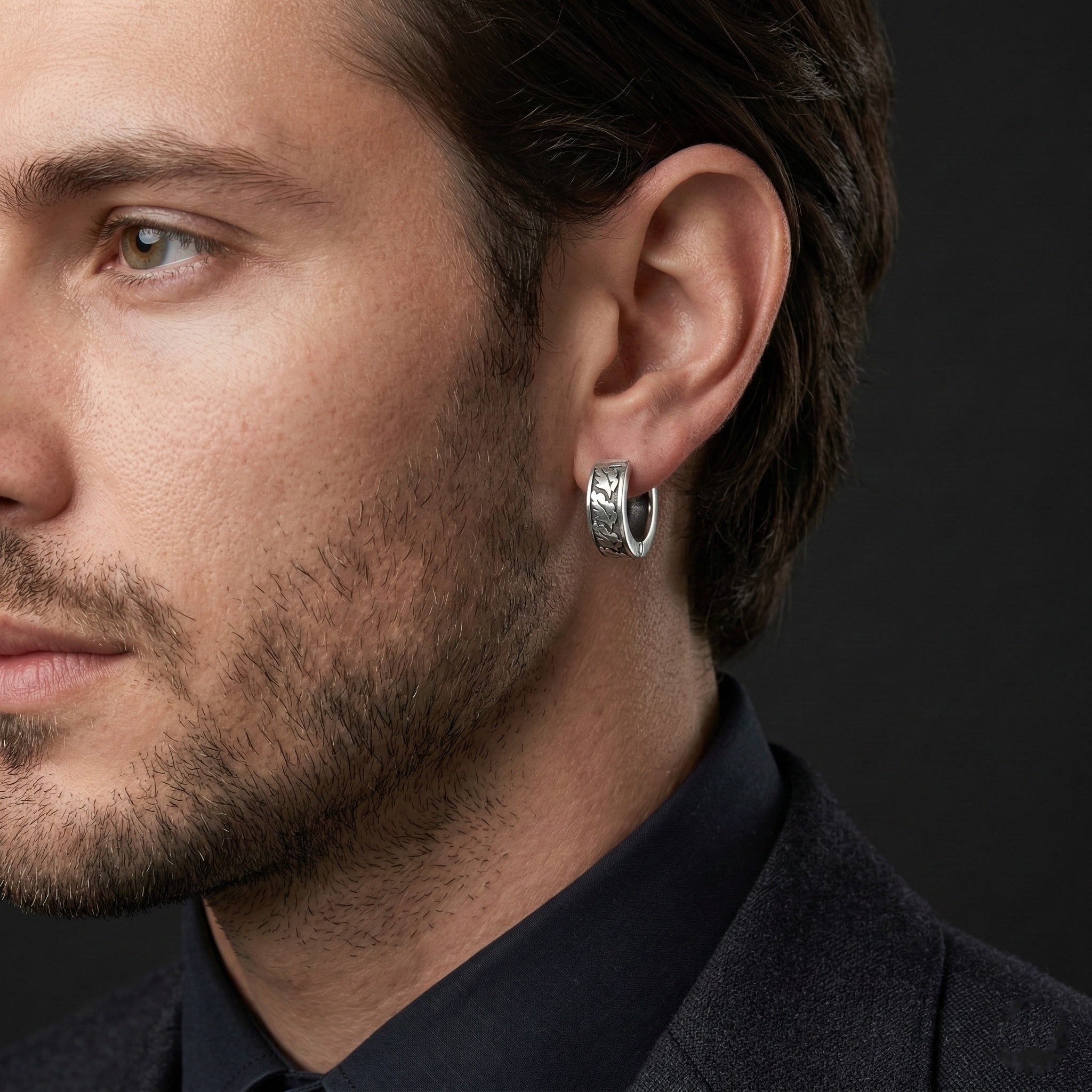 Men’s Oak Leaf Huggie Hoop Earrings – Oxidized 925 Sterling Silver