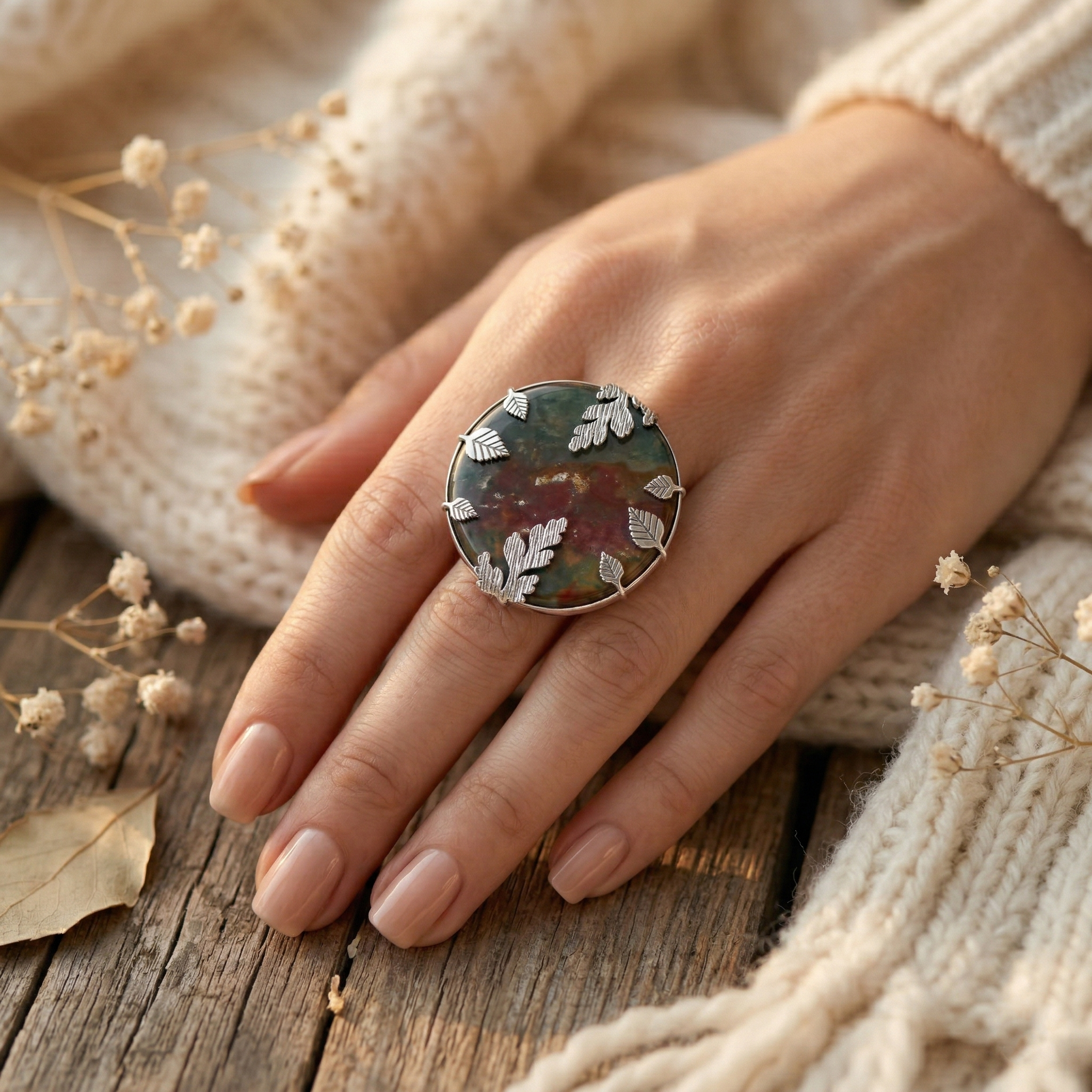 Leaf Design Bloodstone Statement Ring – 925 Sterling Silver