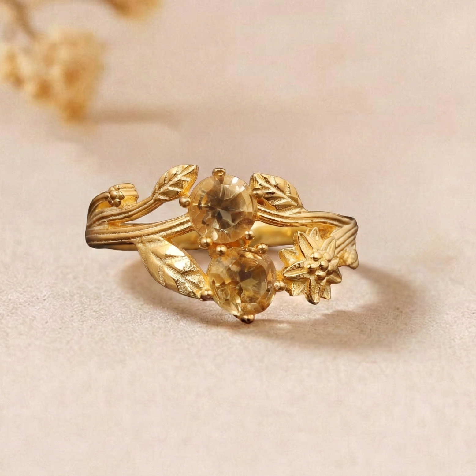 Florielle Citrine Gold Engagement Ring – 925 Sterling Silver Women Aesthetic Ring