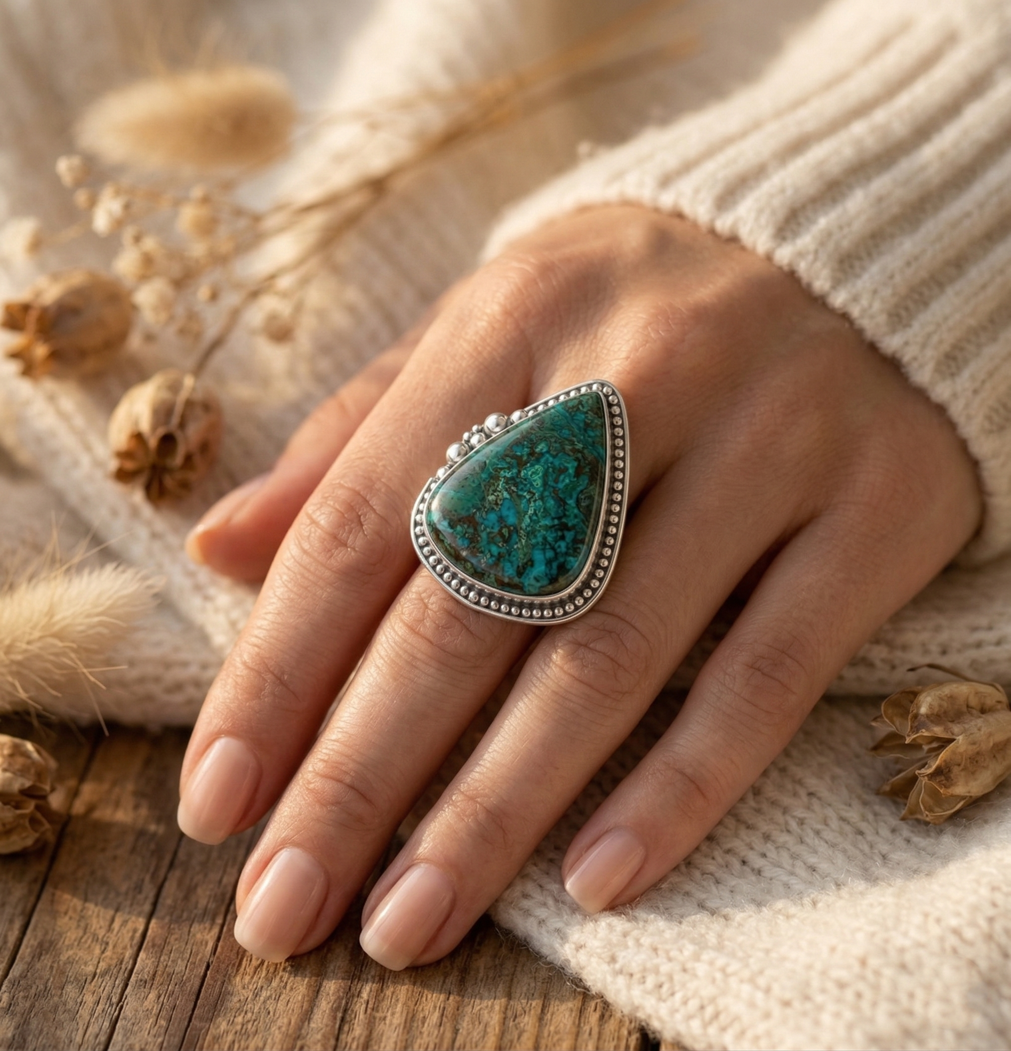 Ocean Tear Chrysocolla Statement Ring – 925 Sterling Silver