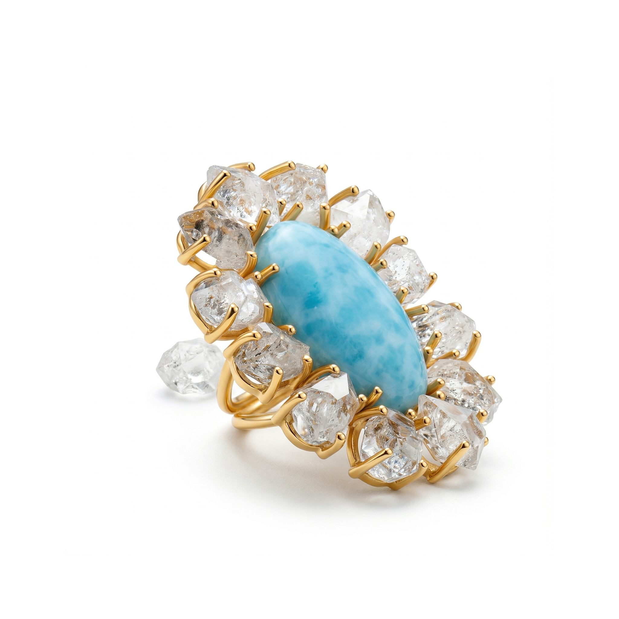 Floral Design Larimar & Raw Quartz Statement Ring – 925 Sterling Silver