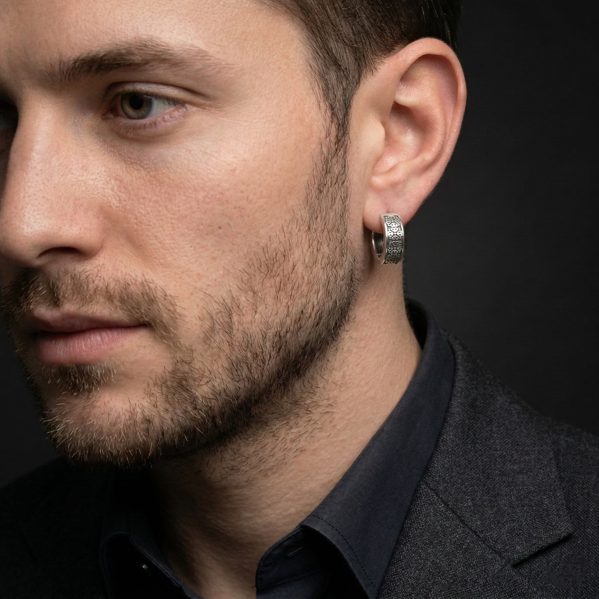 Men’s Floral Pattern Huggie Hoop Earrings – Oxidized 925 Sterling Silver