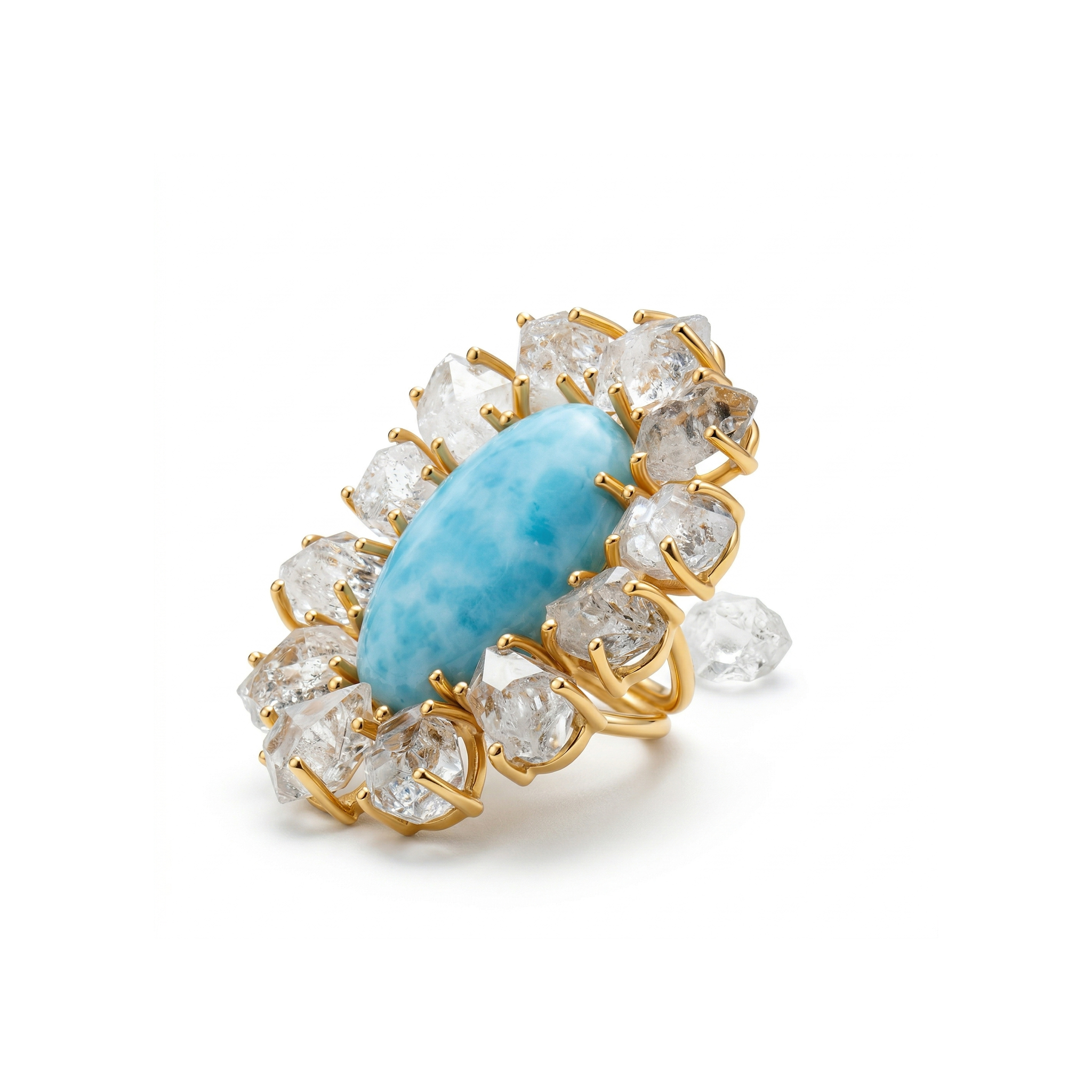 Floral Design Larimar & Raw Quartz Statement Ring – 925 Sterling Silver