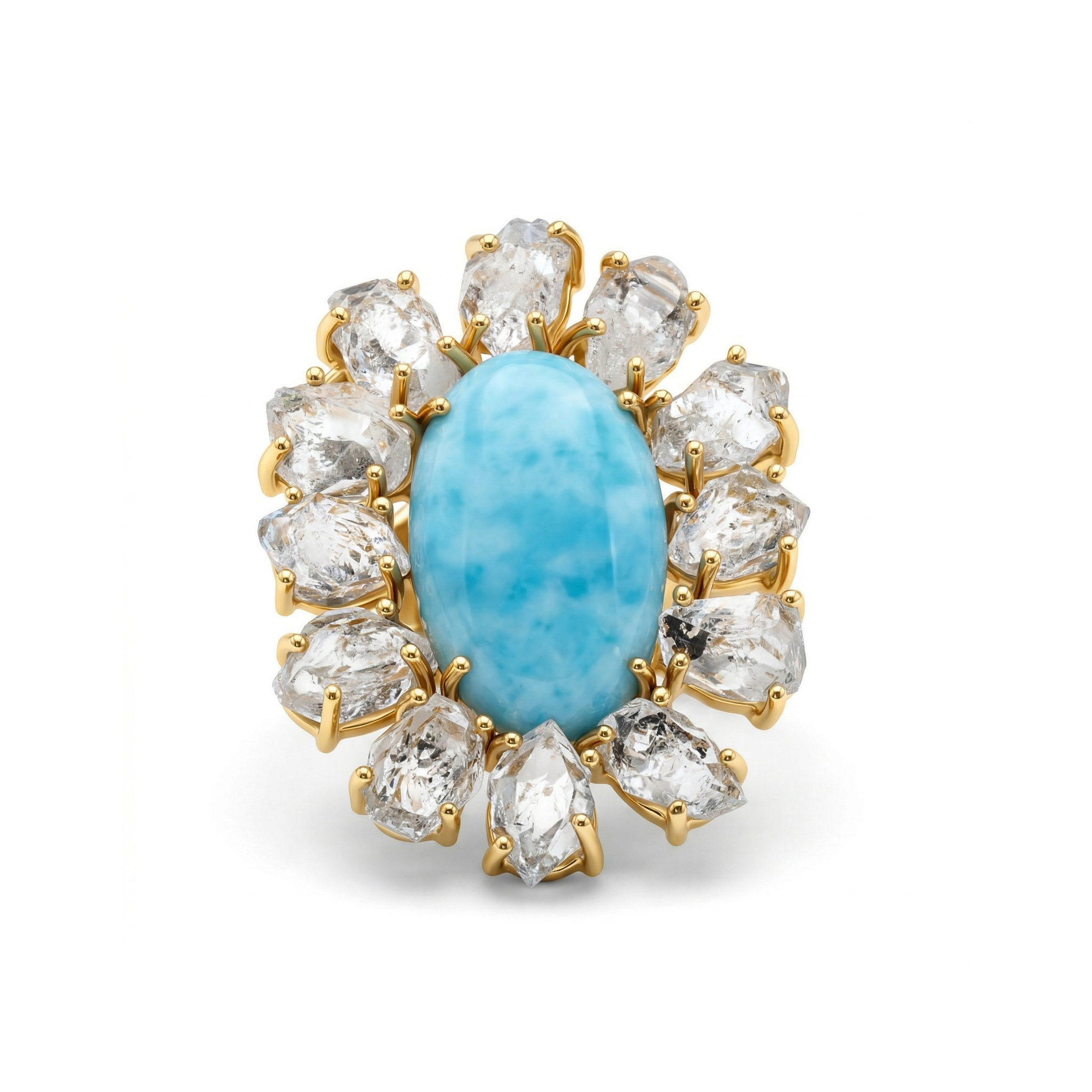 Floral Design Larimar & Raw Quartz Statement Ring – 925 Sterling Silver
