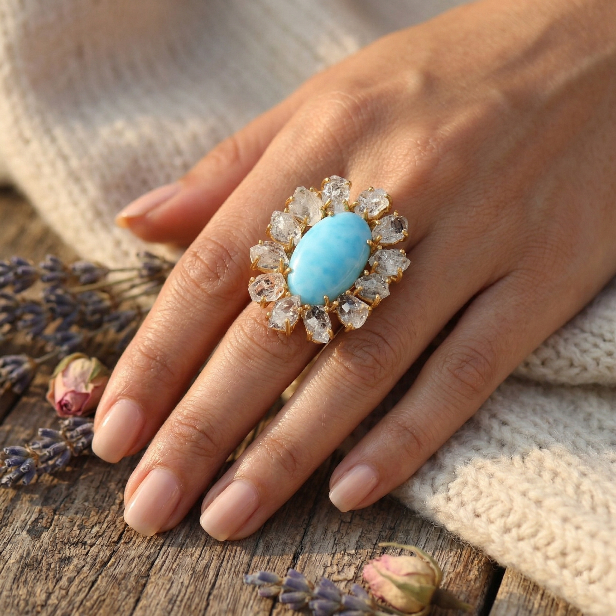 Floral Design Larimar & Raw Quartz Statement Ring – 925 Sterling Silver