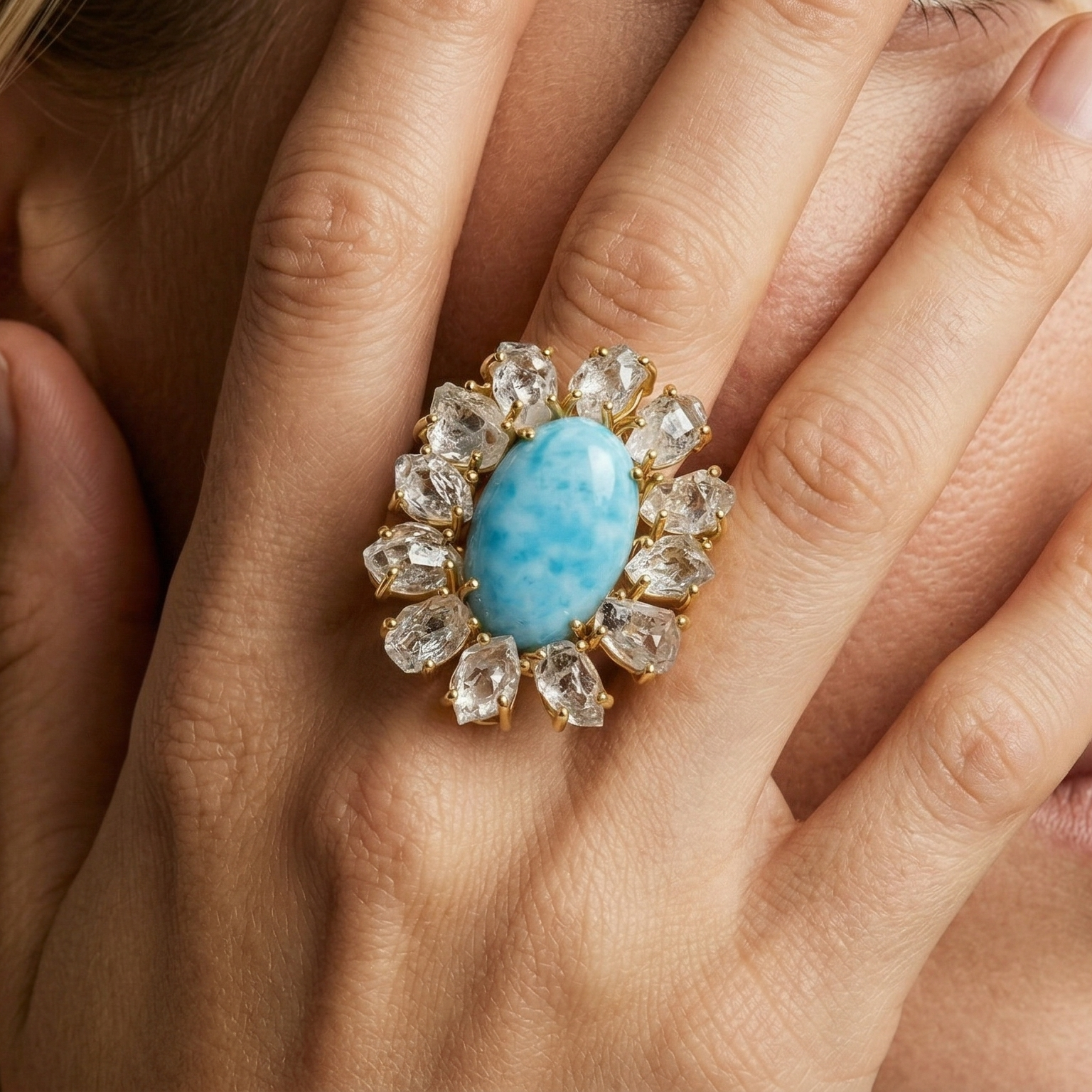 Floral Design Larimar & Raw Quartz Statement Ring – 925 Sterling Silver