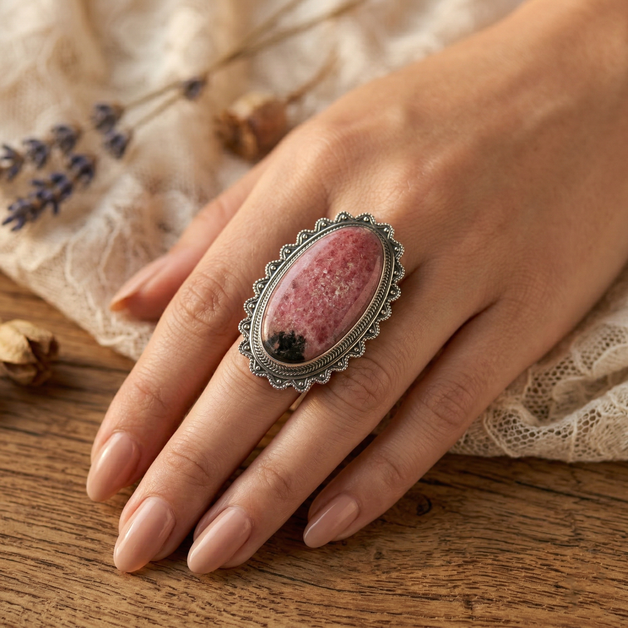Vintage Design Rhodonite Statement Ring – 925 Sterling Silver