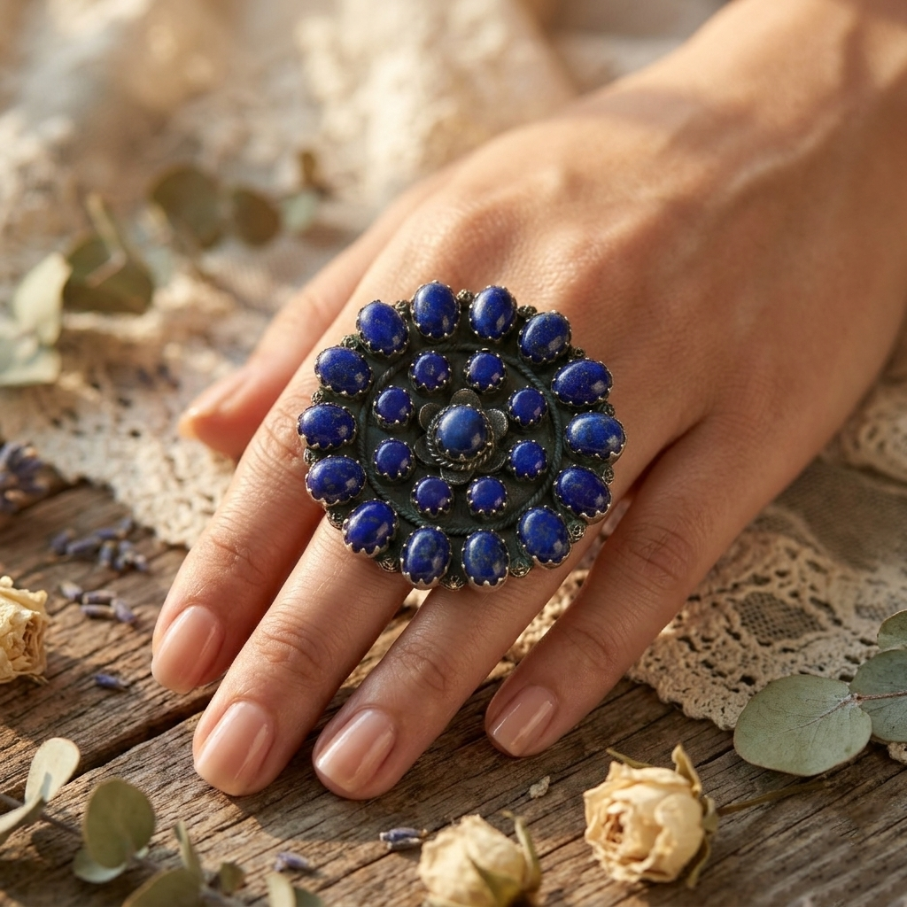 Floral Design Lapis Lazuli Statement Ring – 925 Sterling Silver