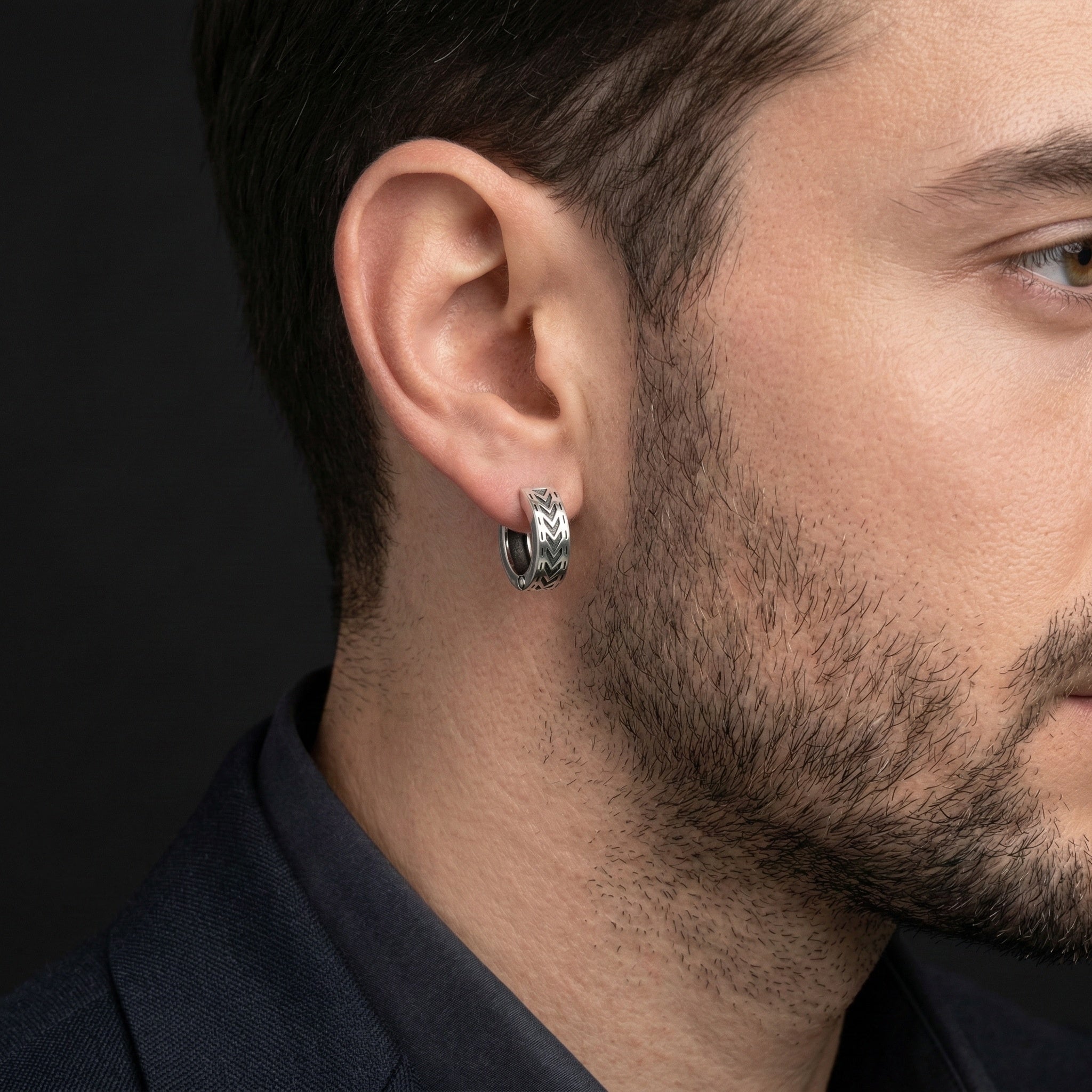 Men’s Chevron Pattern Huggie Hoop Earrings – Oxidized 925 Sterling Silver