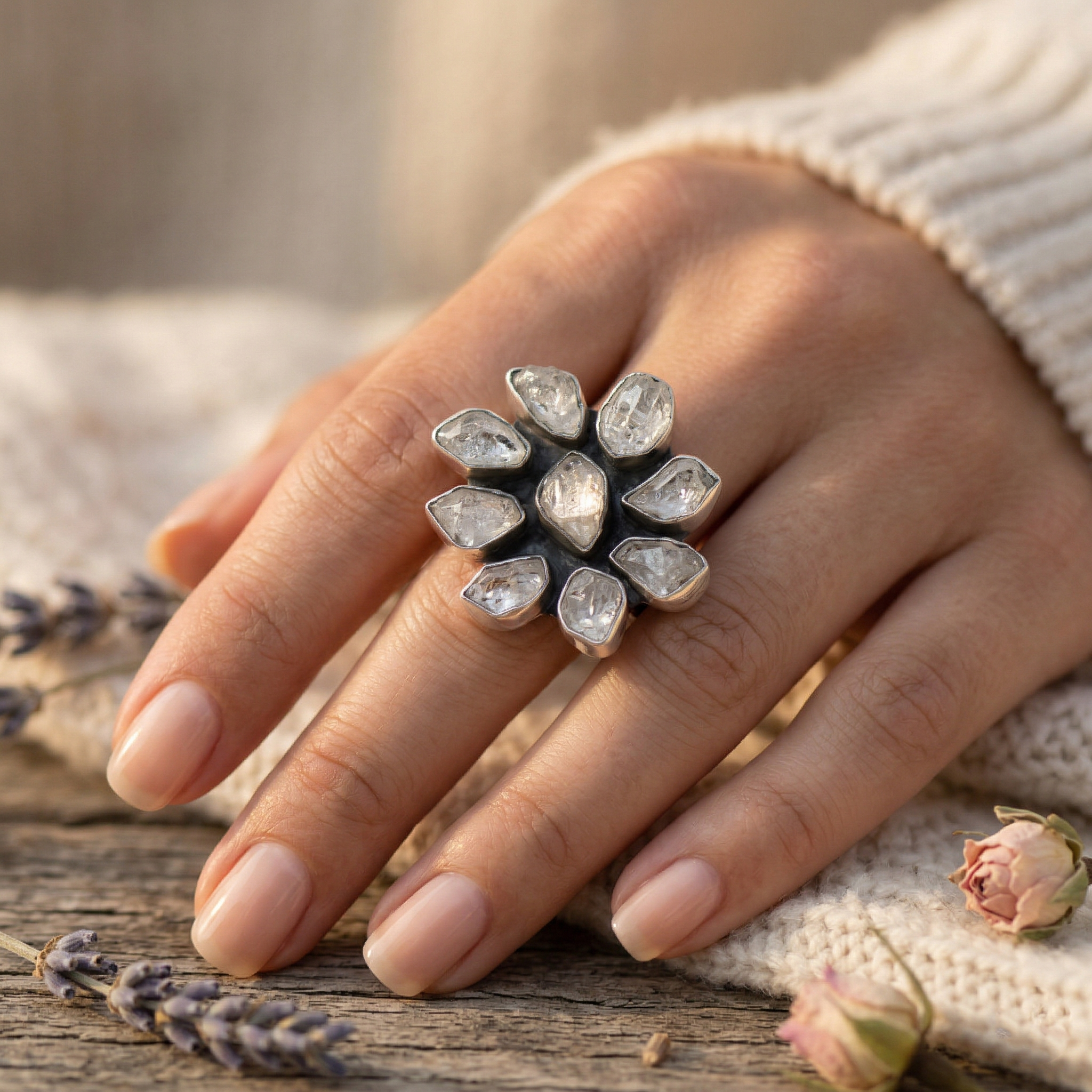Crystal Bloom Herkimer Quartz Statement Ring – 925 Sterling Silve