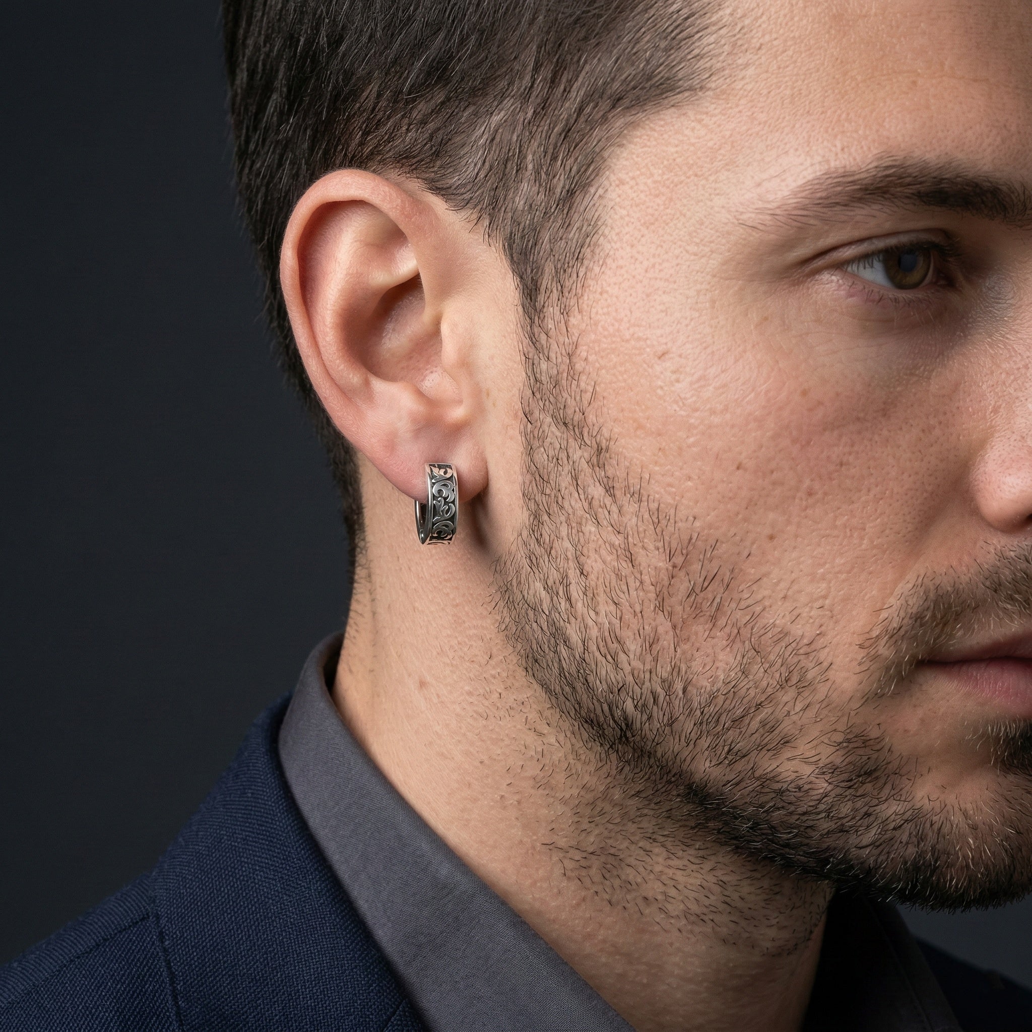 Men’s Ornamental Scroll Huggie Hoop Earrings – Oxidized 925 Sterling Silver