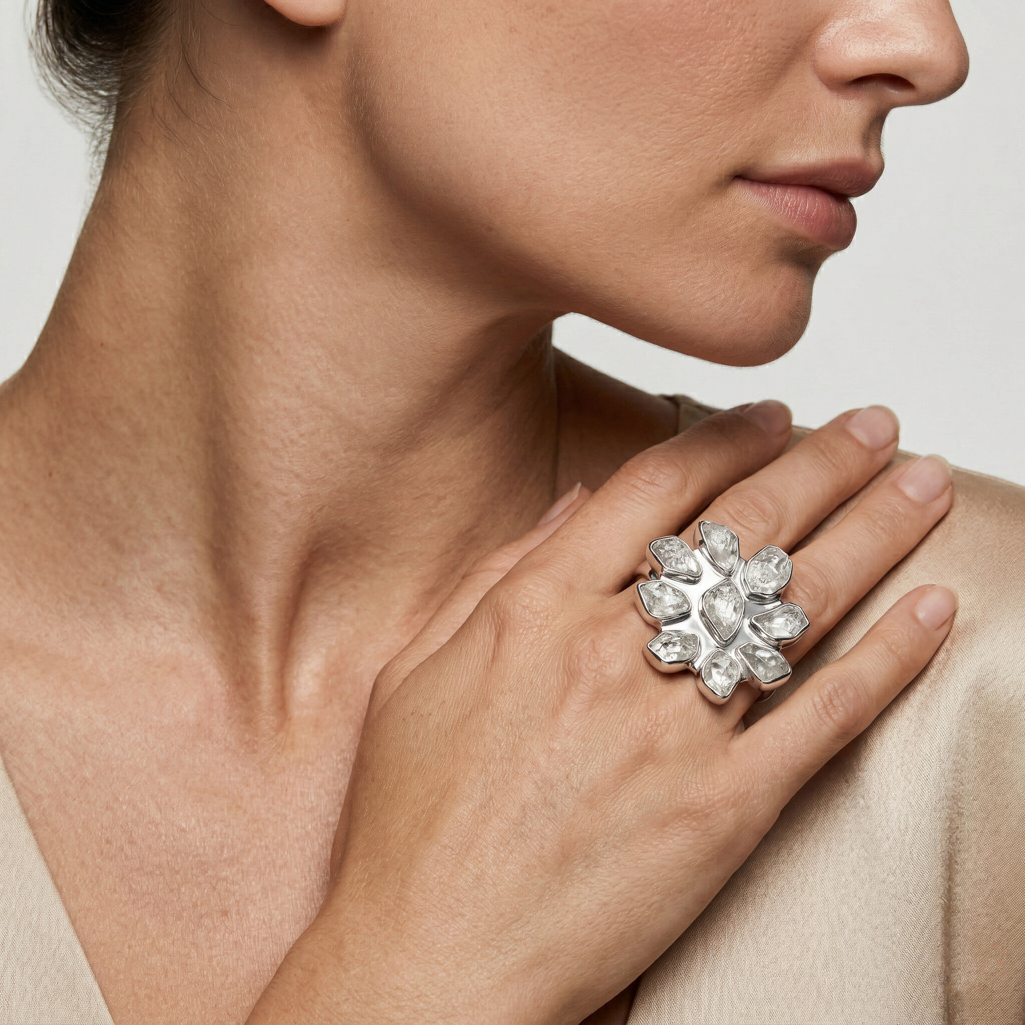 Crystal Bloom Herkimer Quartz Statement Ring – 925 Sterling Silve