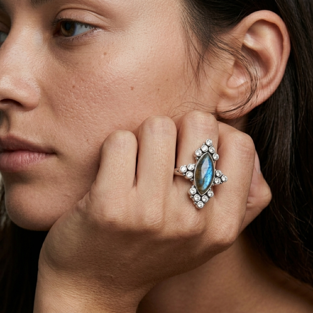 Celestial Halo Labradorite Statement Ring – 925 Sterling Silver