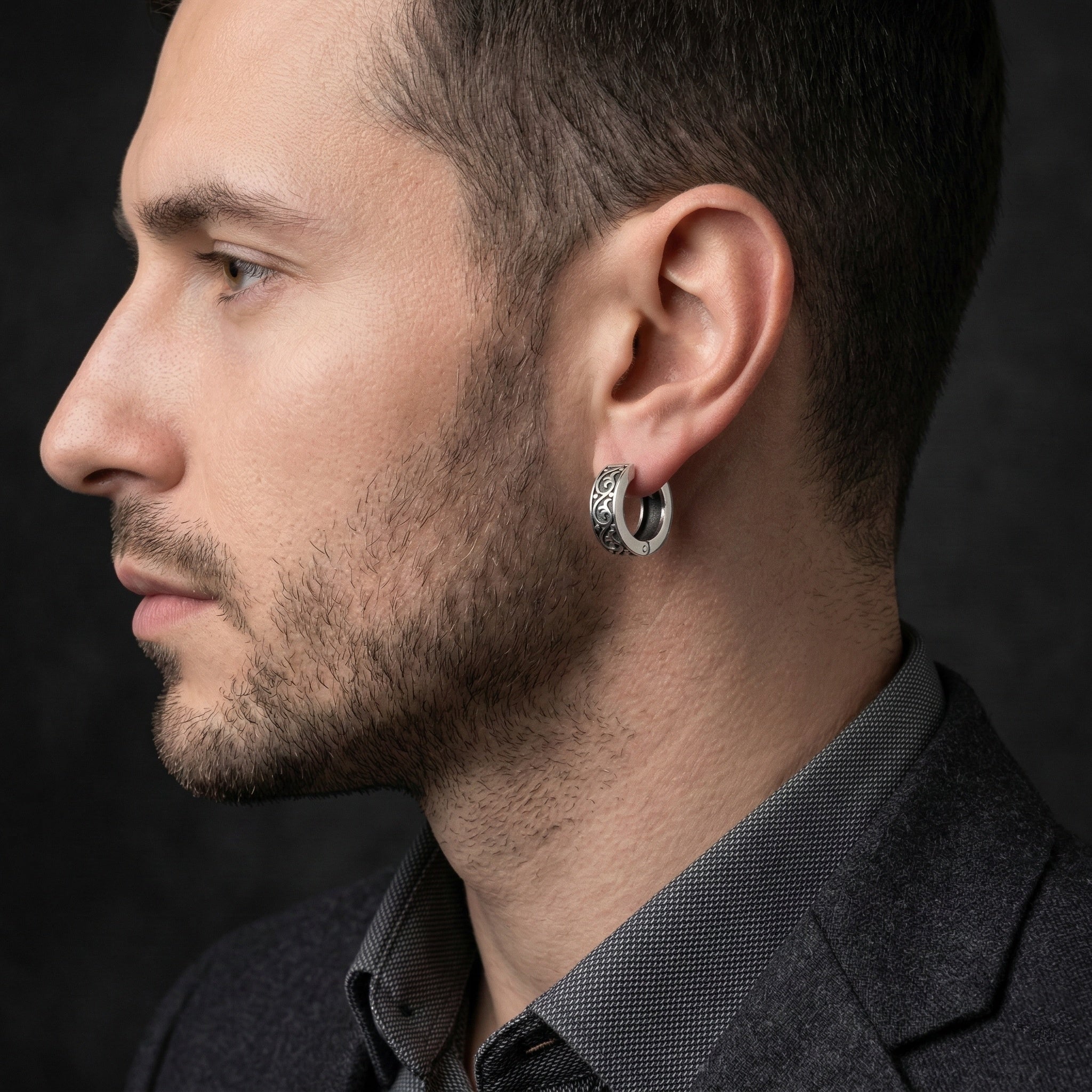 Men’s Vintage Scroll Huggie Hoop Earrings – Oxidized 925 Sterling Silver