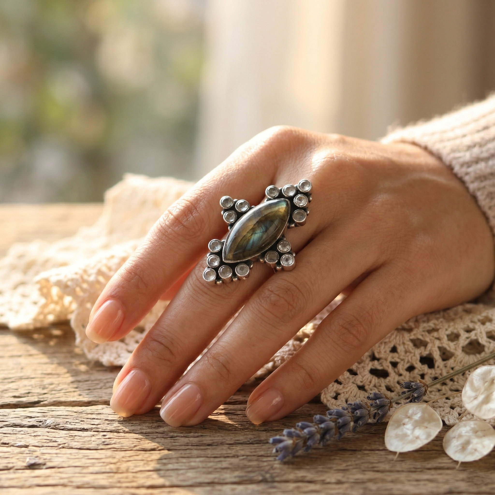 Celestial Halo Labradorite Statement Ring – 925 Sterling Silver