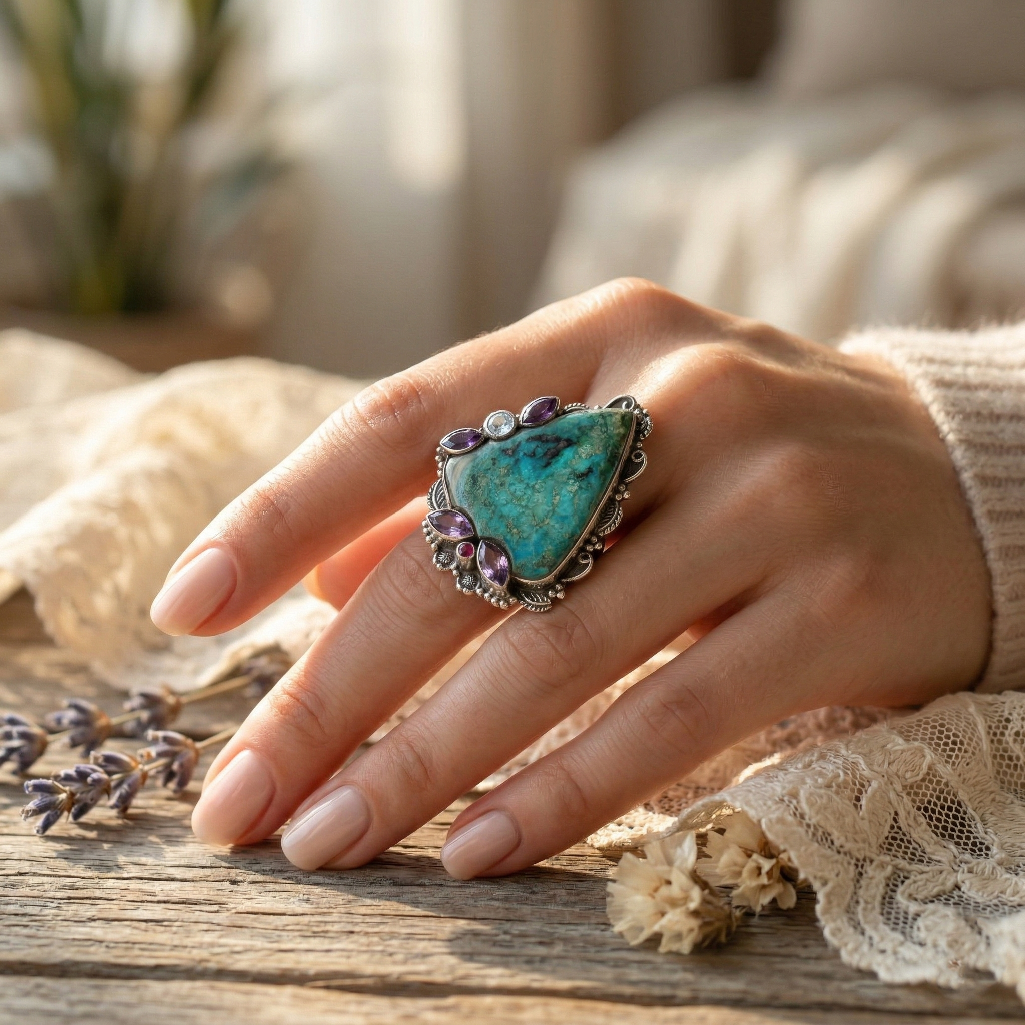 Royal Aura Turquoise Multi-Stone Statement Ring – 925 Sterling Silver