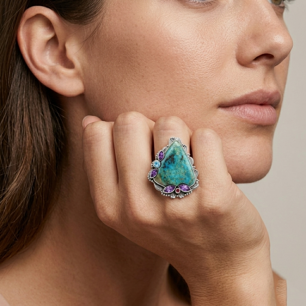 Royal Aura Turquoise Multi-Stone Statement Ring – 925 Sterling Silver