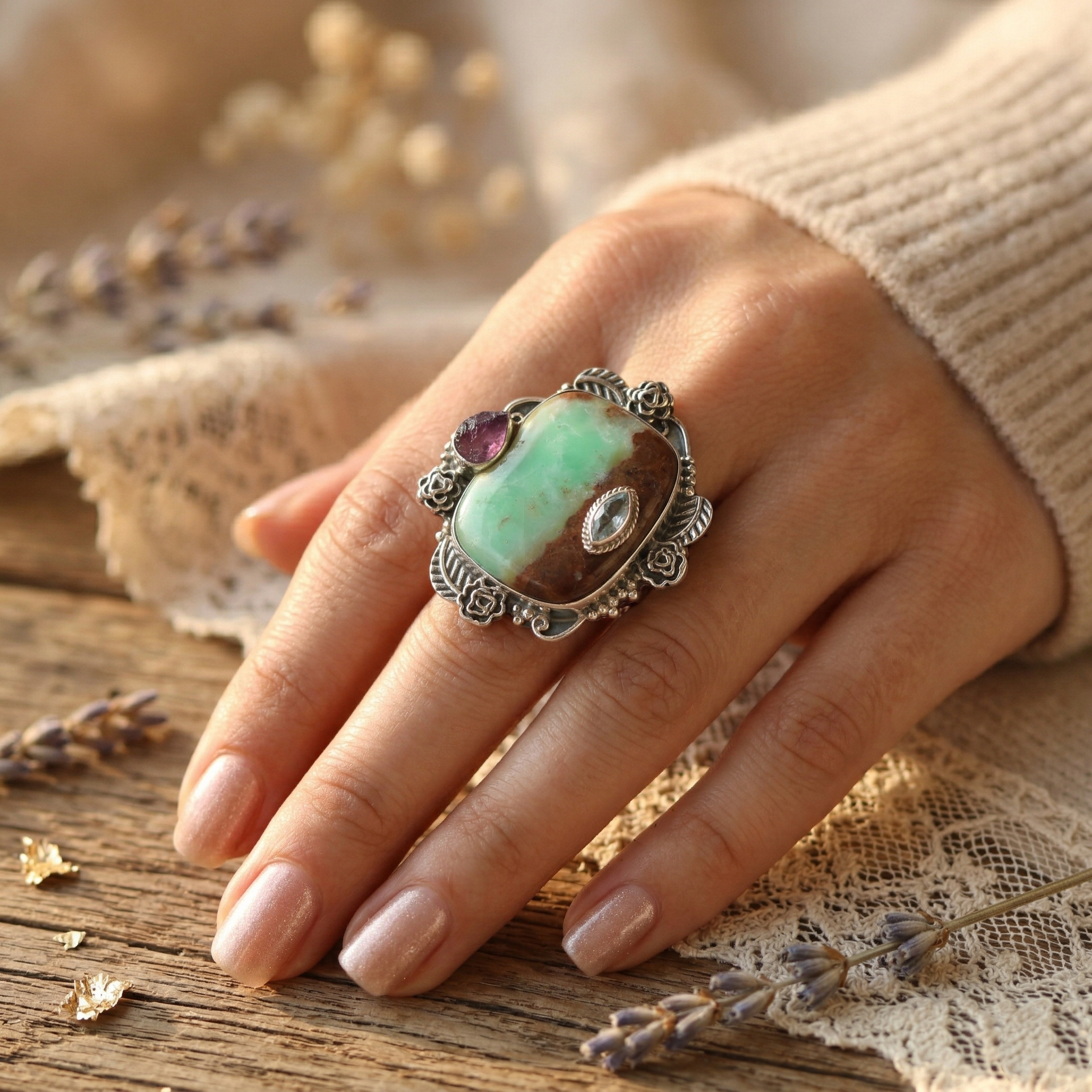 Garden Muse Chrysoprase Multi-Stone Statement Ring – 925 Sterling Silver