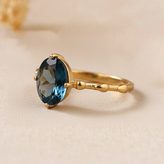 Aurelia London Blue Topaz Gold Engagement Ring – 925 Sterling Silver Women Aesthetic Ring