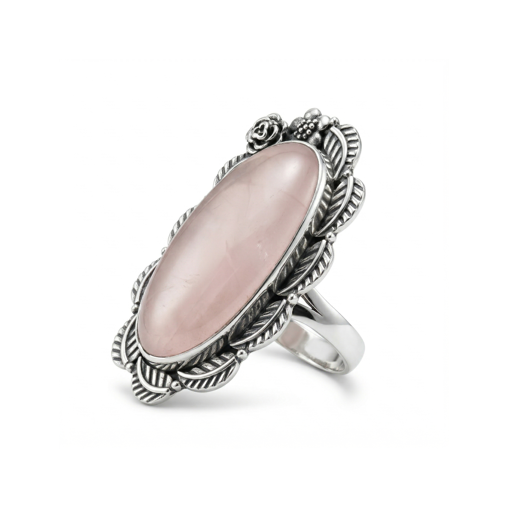 Blush Garden Rose Quartz Statement Ring – 925 Sterling Silver