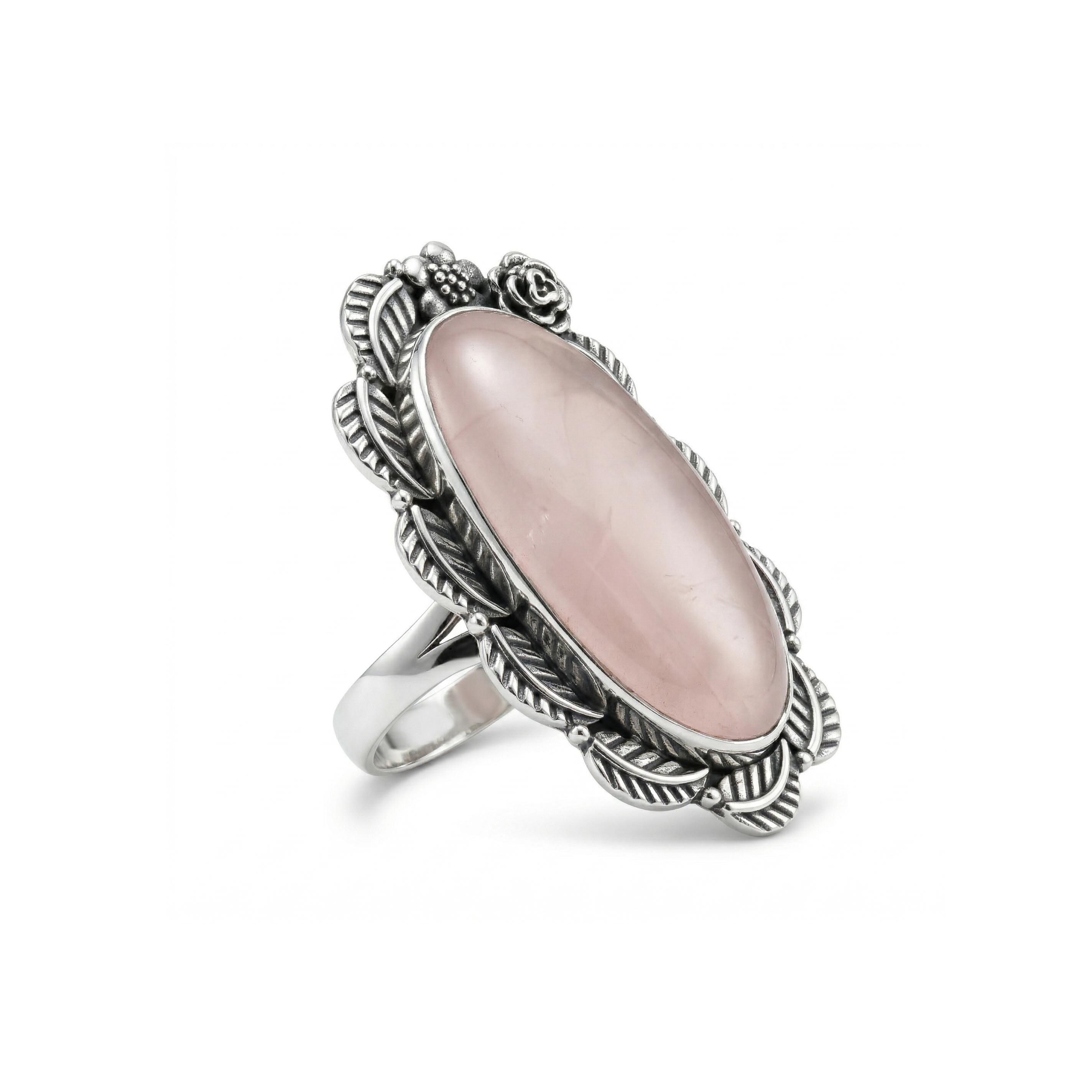 Blush Garden Rose Quartz Statement Ring – 925 Sterling Silver