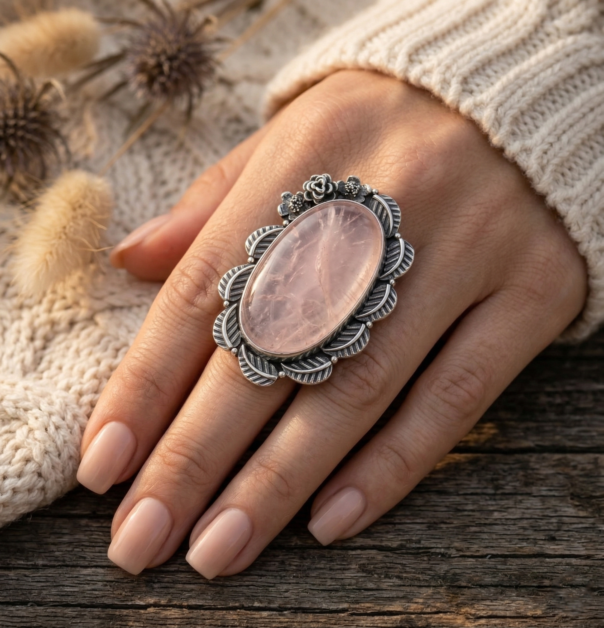 Blush Garden Rose Quartz Statement Ring – 925 Sterling Silver