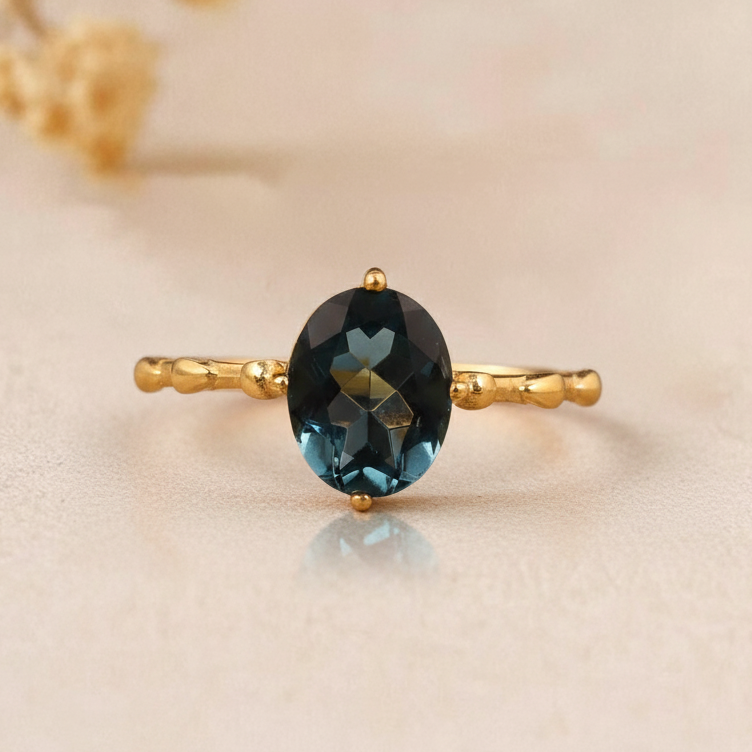 Aurelia London Blue Topaz Gold Engagement Ring – 925 Sterling Silver Women Aesthetic Ring