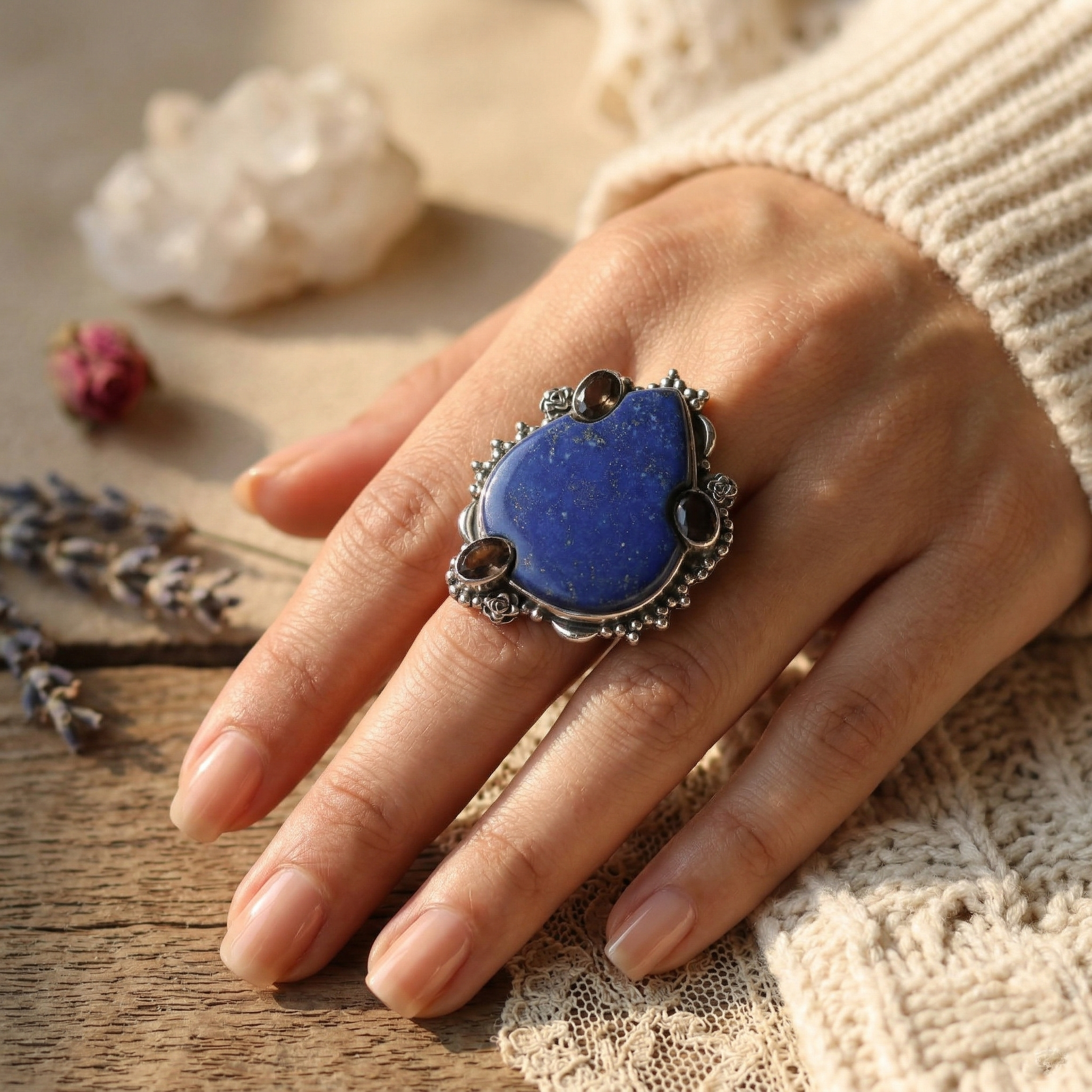Midnight Dune Lapis Lazuli Multi-Stone Statement Ring – 925 Sterling Silver