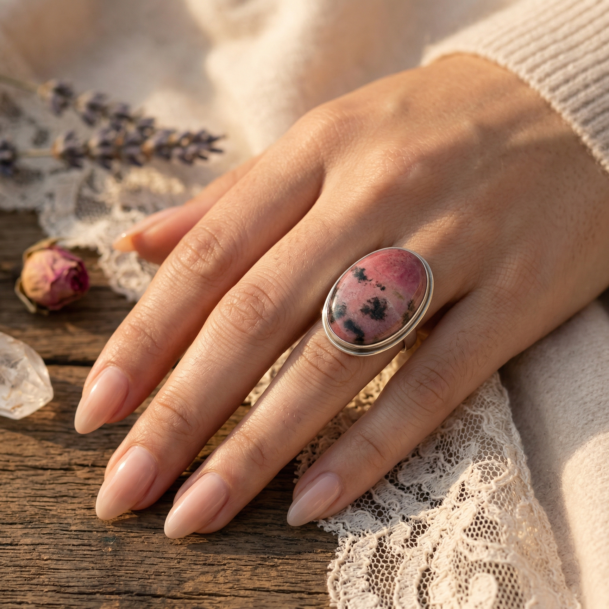 Blush Stone Rhodonite Statement Ring – 925 Sterling Silver