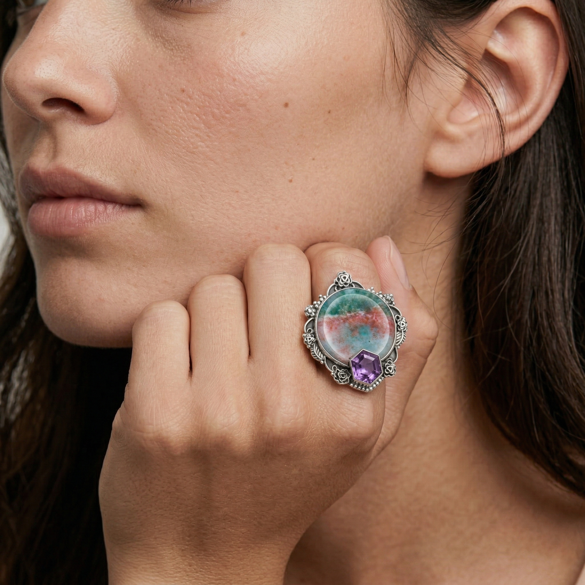 Earth Bloom Rainforest Jasper Multi-Stone Statement Ring – 925 Sterling Silver