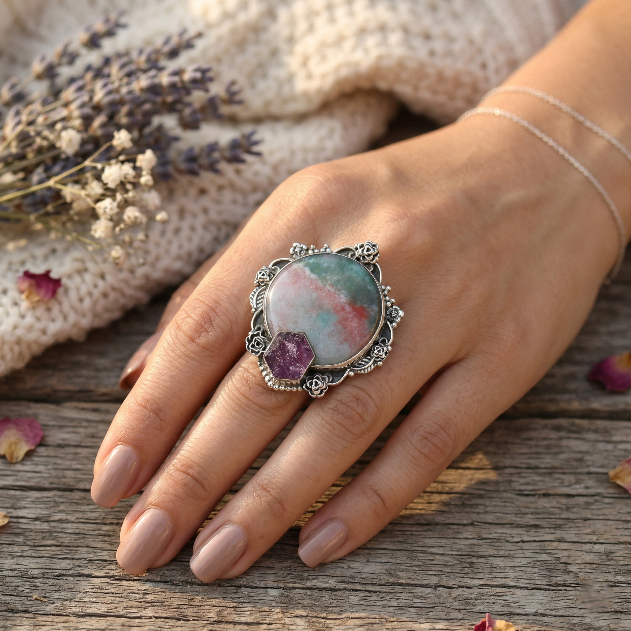 Earth Bloom Rainforest Jasper Multi-Stone Statement Ring – 925 Sterling Silver