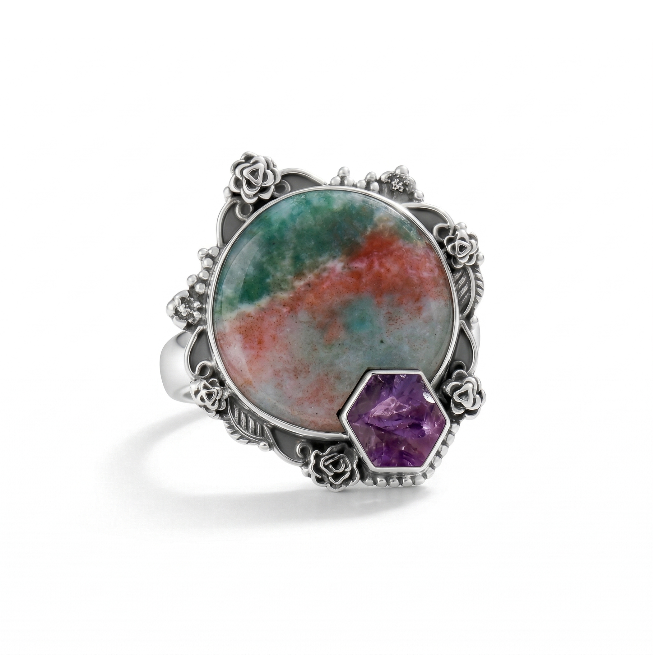 Earth Bloom Rainforest Jasper Multi-Stone Statement Ring – 925 Sterling Silver