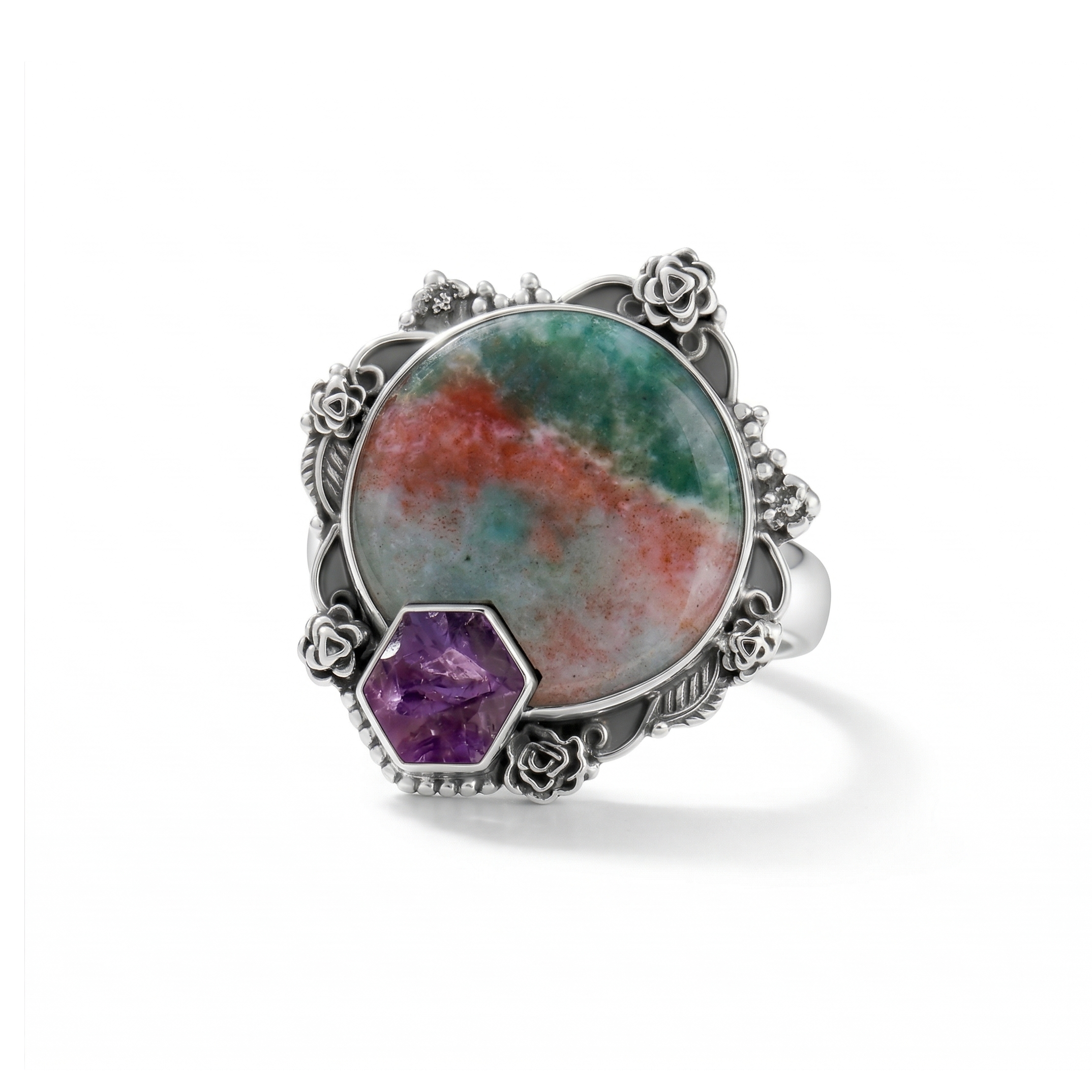 Earth Bloom Rainforest Jasper Multi-Stone Statement Ring – 925 Sterling Silver