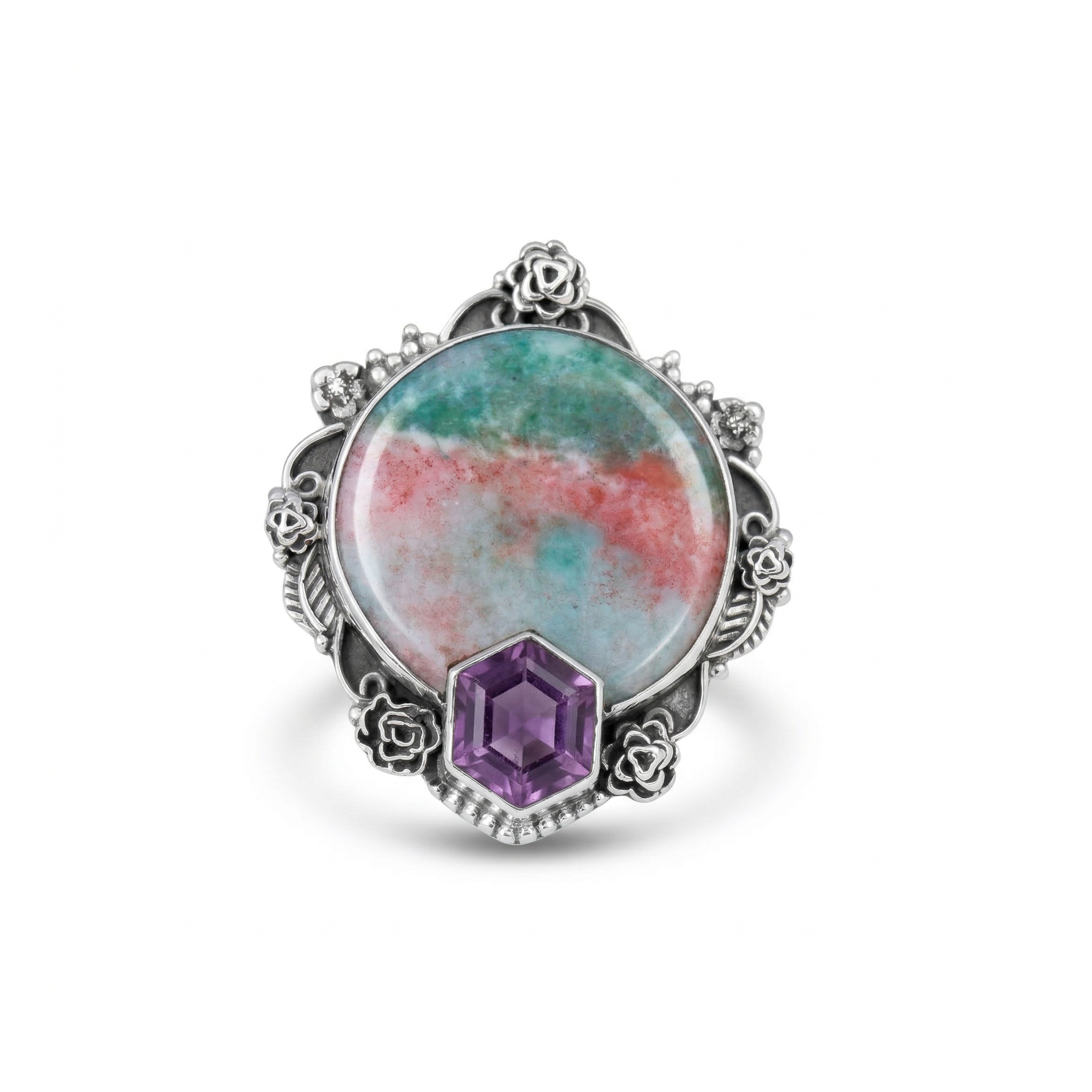 Earth Bloom Rainforest Jasper Multi-Stone Statement Ring – 925 Sterling Silver