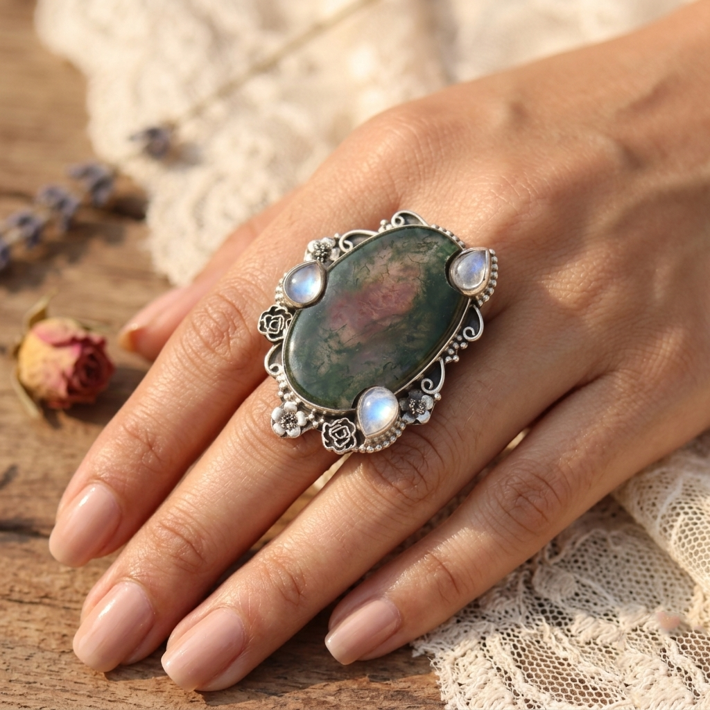 Forest Glow Moss Agate Multi-Stone Statement Ring – 925 Sterling Silver