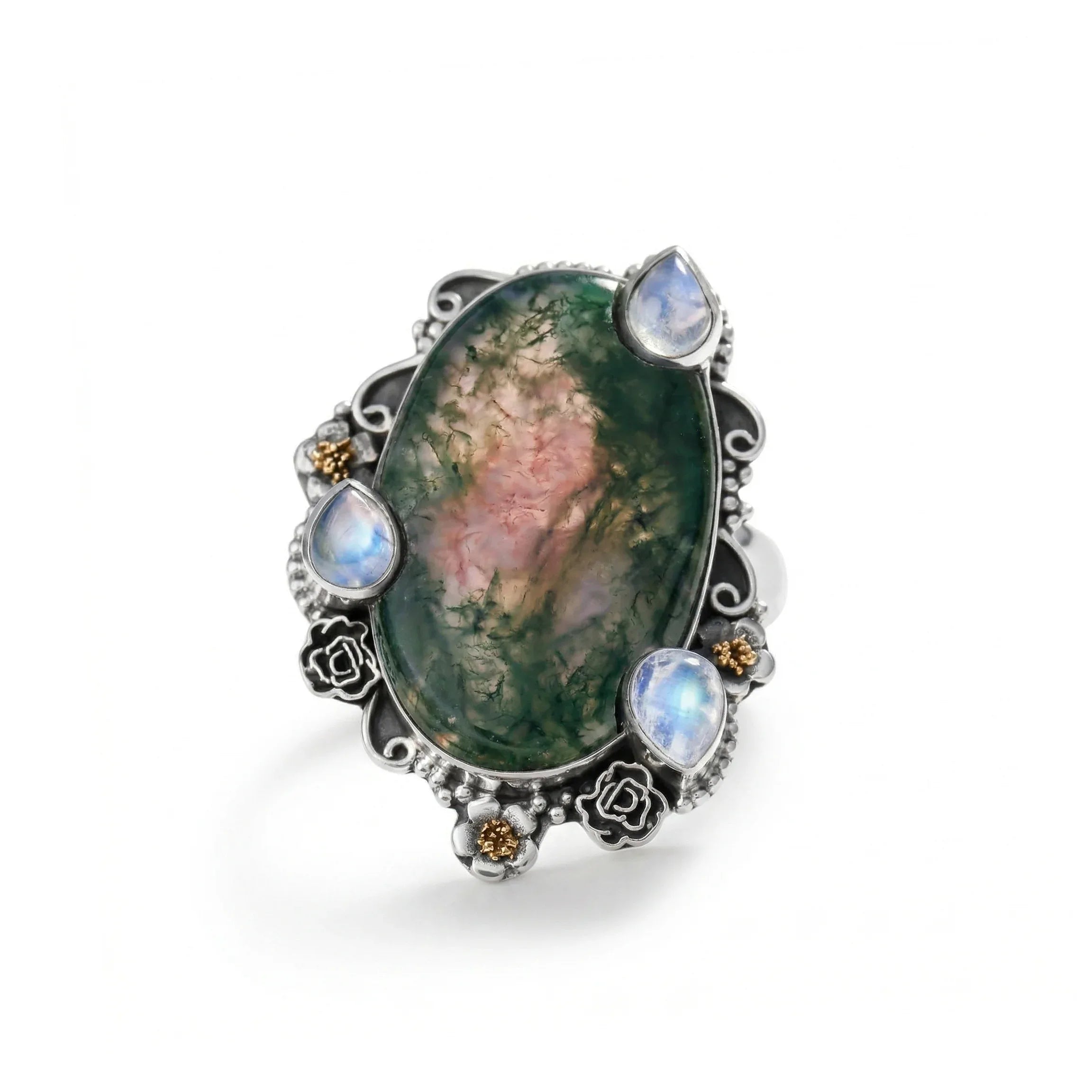 Forest Glow Moss Agate Multi-Stone Statement Ring – 925 Sterling Silver