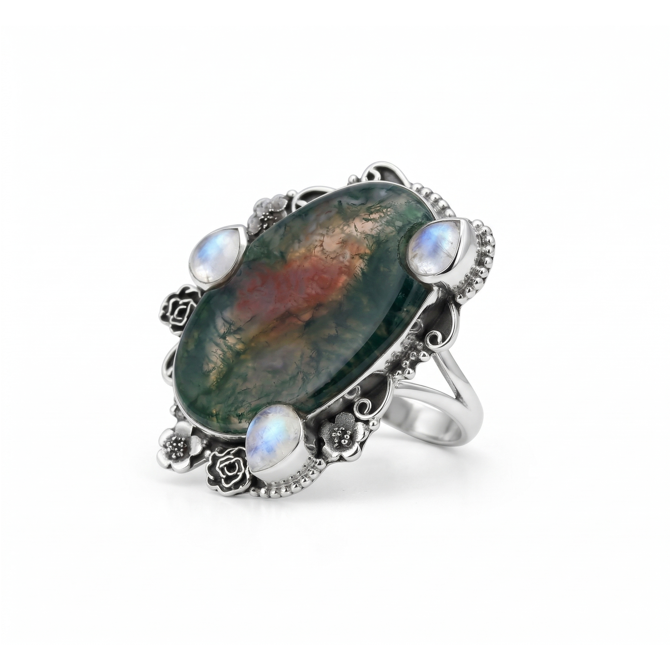 Forest Glow Moss Agate Multi-Stone Statement Ring – 925 Sterling Silver