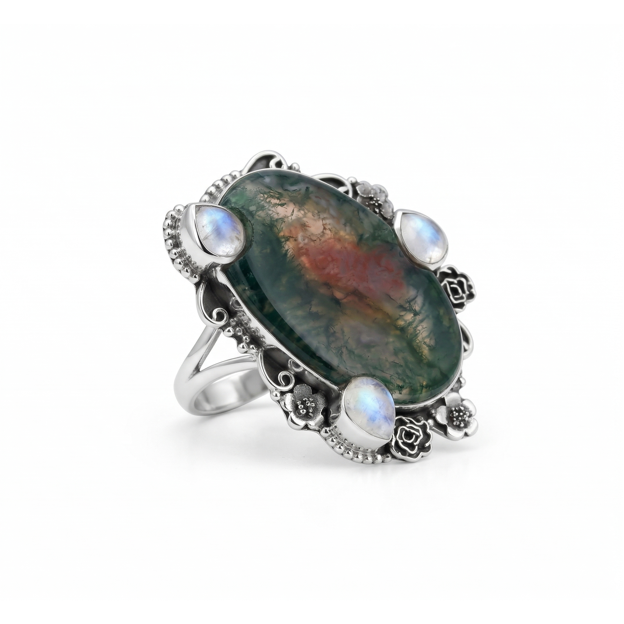 Forest Glow Moss Agate Multi-Stone Statement Ring – 925 Sterling Silver