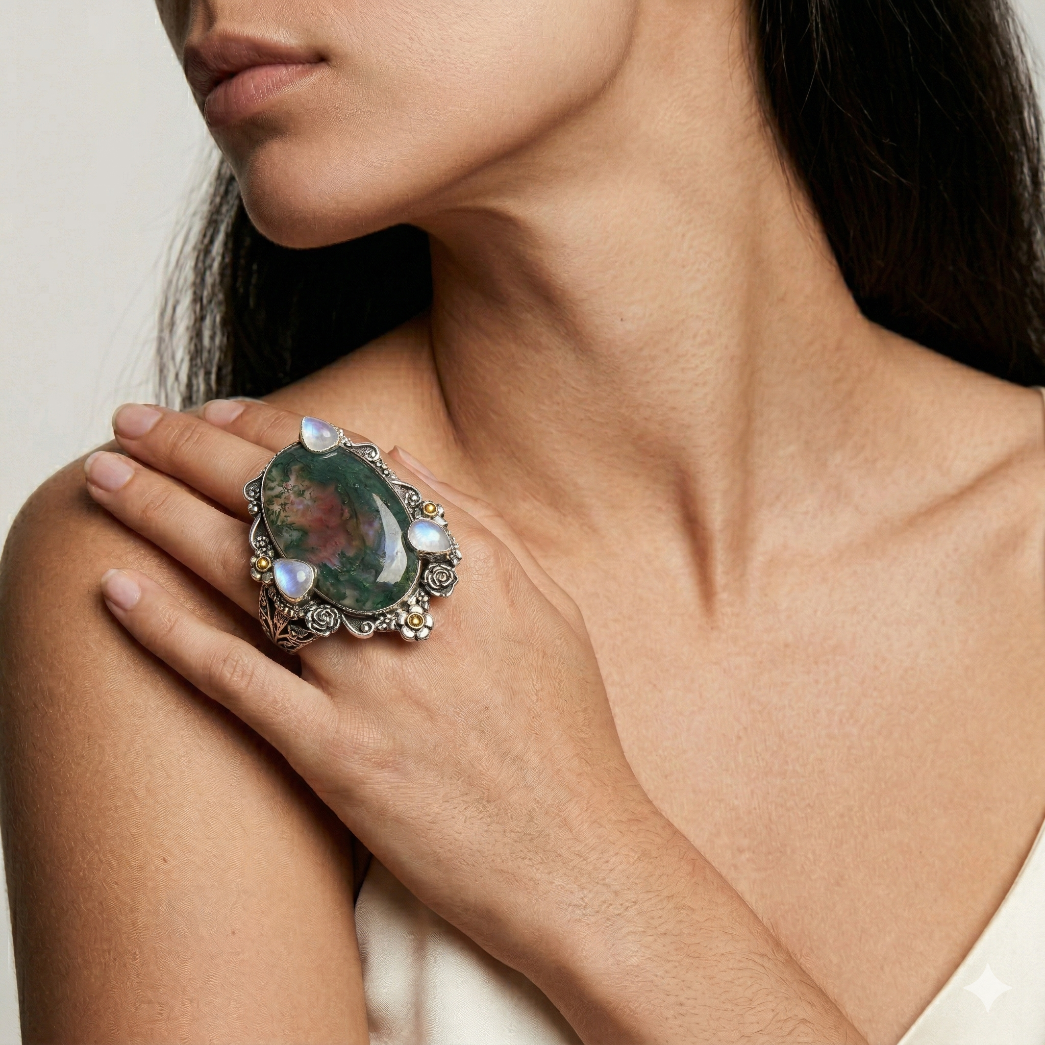 Forest Glow Moss Agate Multi-Stone Statement Ring – 925 Sterling Silver