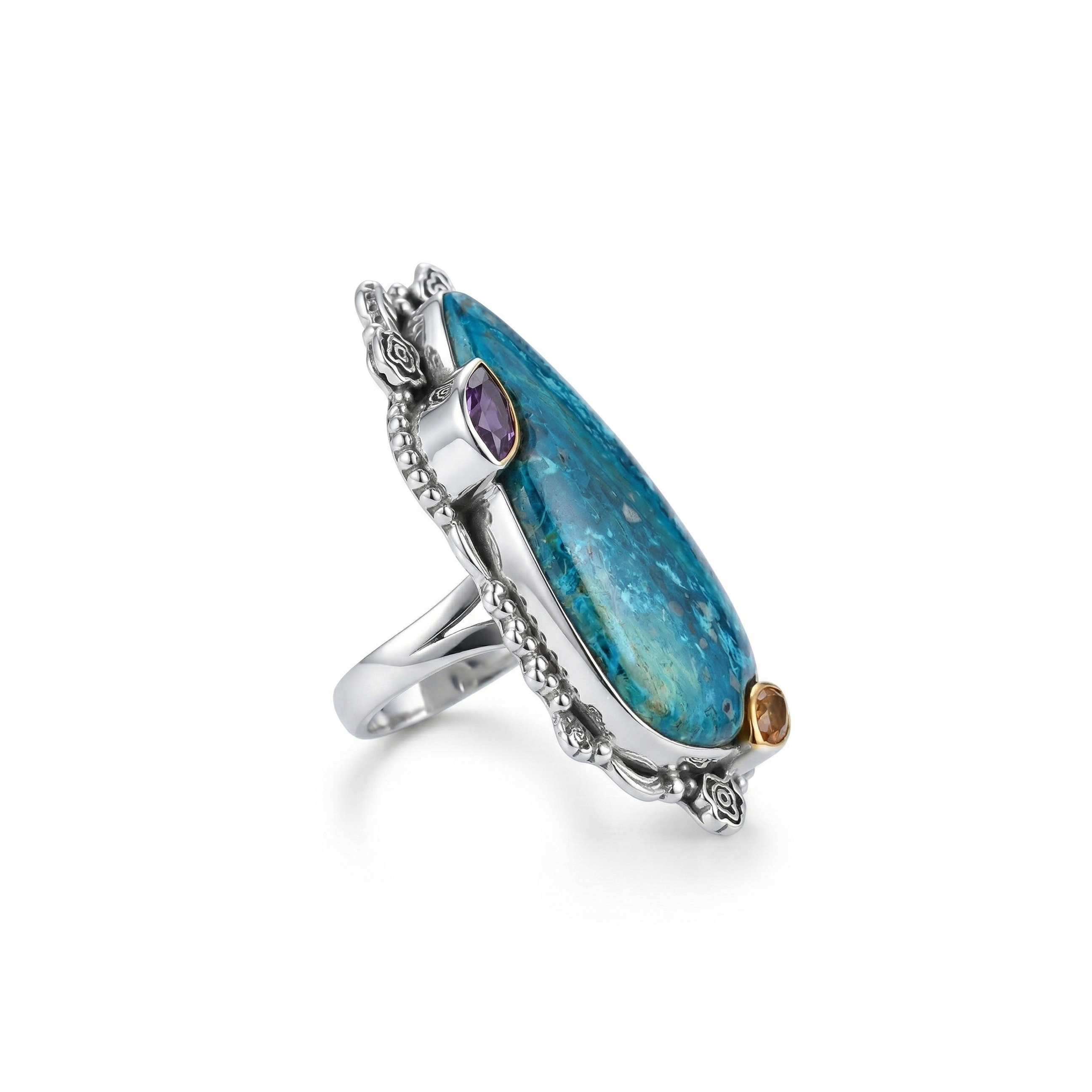 Ocean Flame Chrysocolla Multi-Stone Statement Ring – 925 Sterling Silver