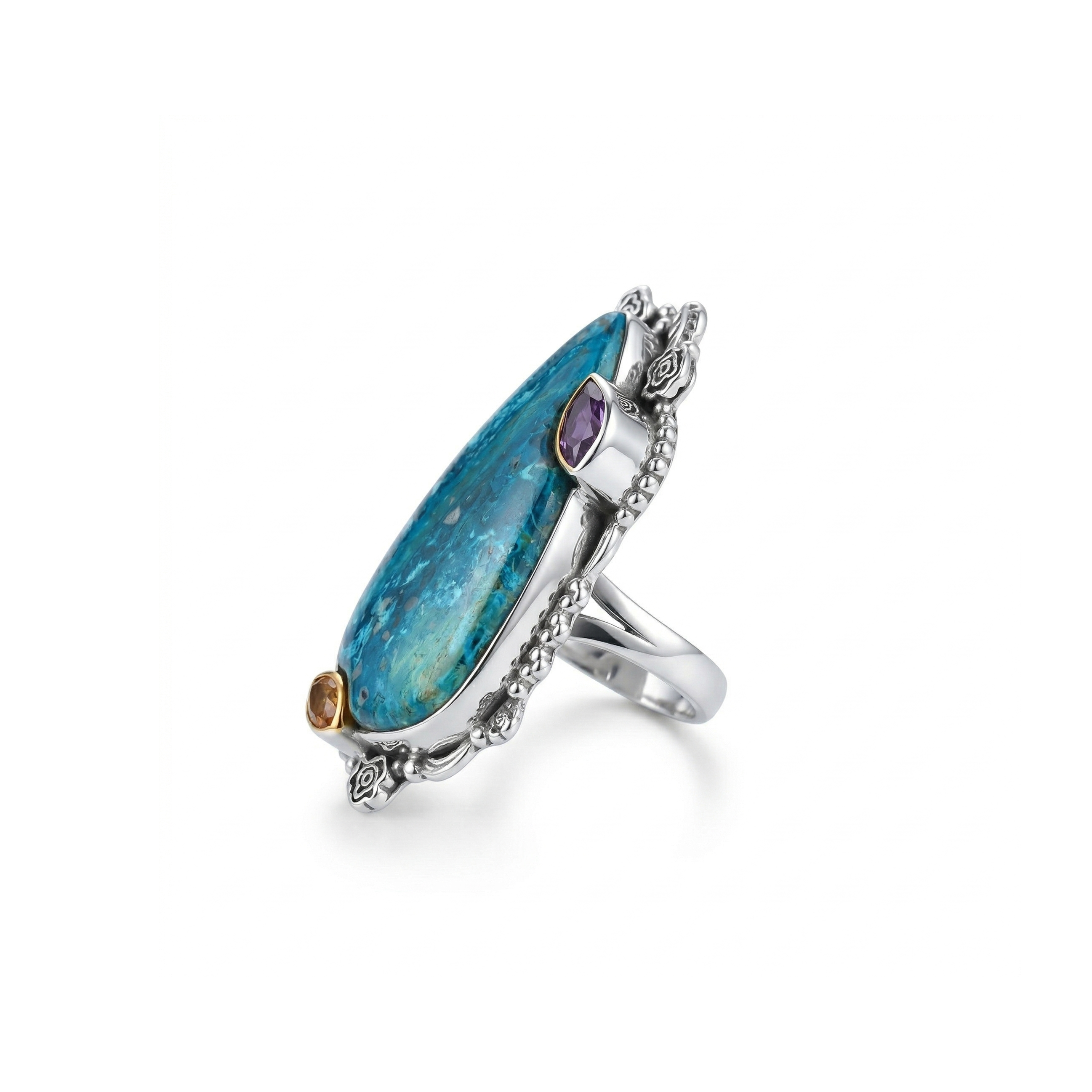 Ocean Flame Chrysocolla Multi-Stone Statement Ring – 925 Sterling Silver