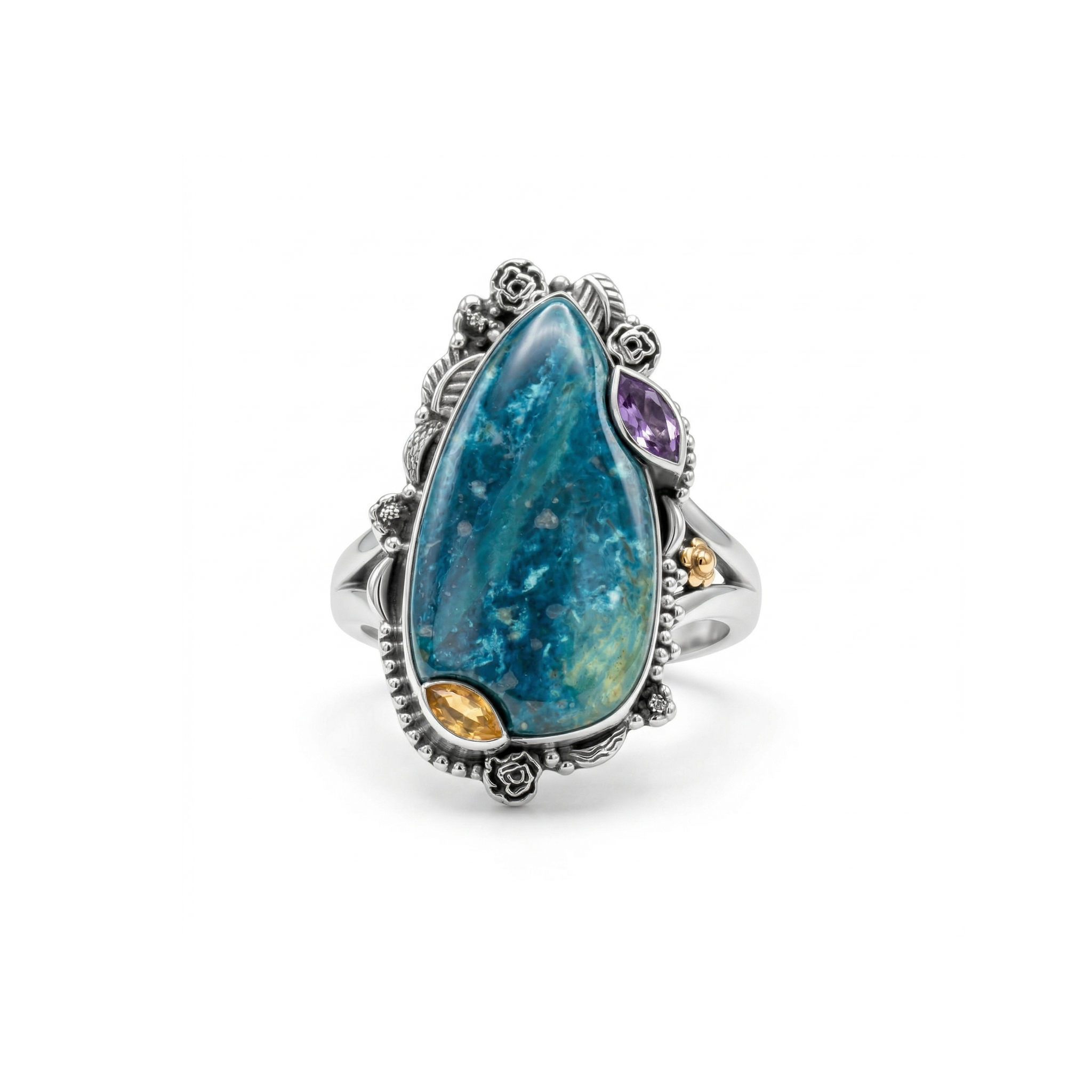Ocean Flame Chrysocolla Multi-Stone Statement Ring – 925 Sterling Silver