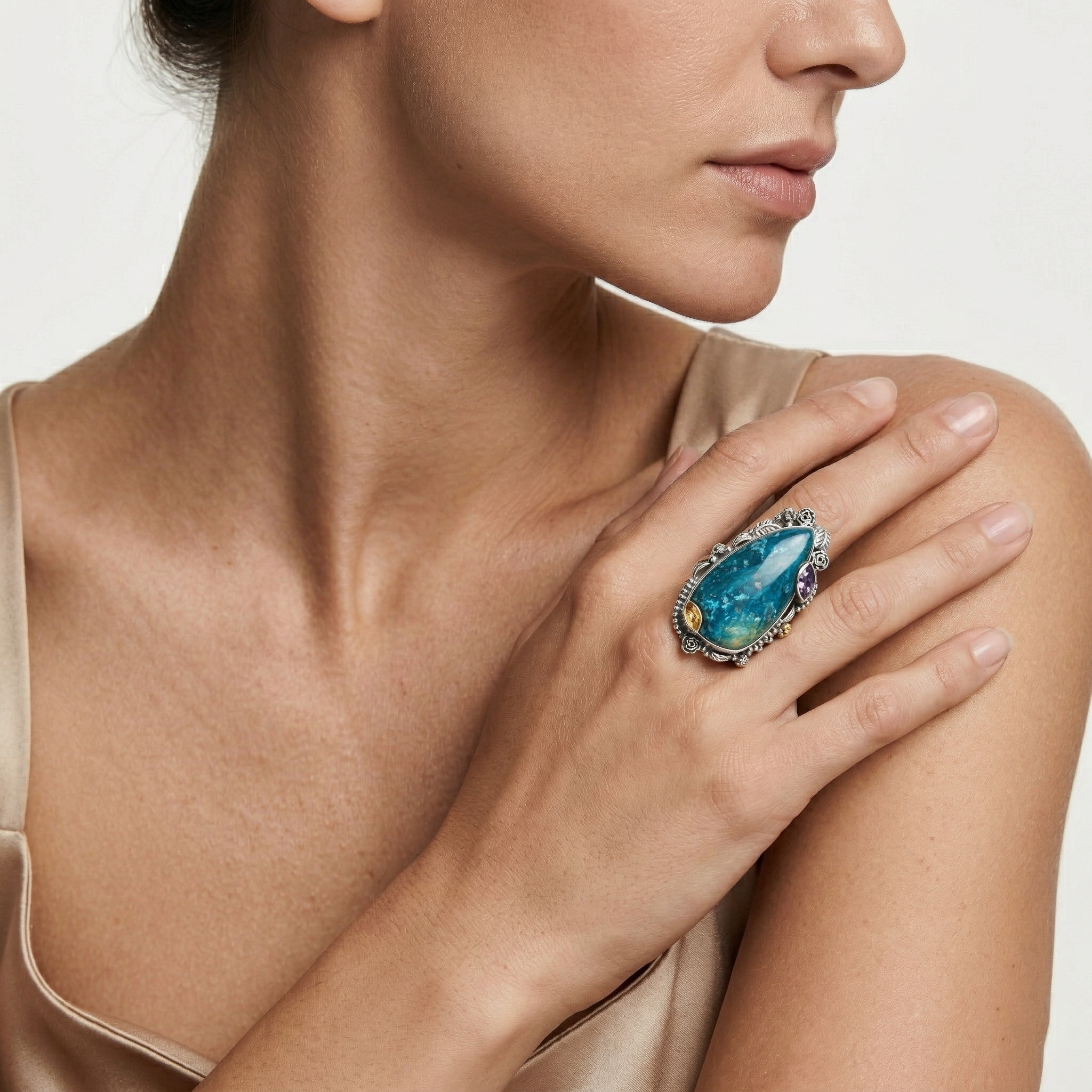 Ocean Flame Chrysocolla Multi-Stone Statement Ring – 925 Sterling Silver