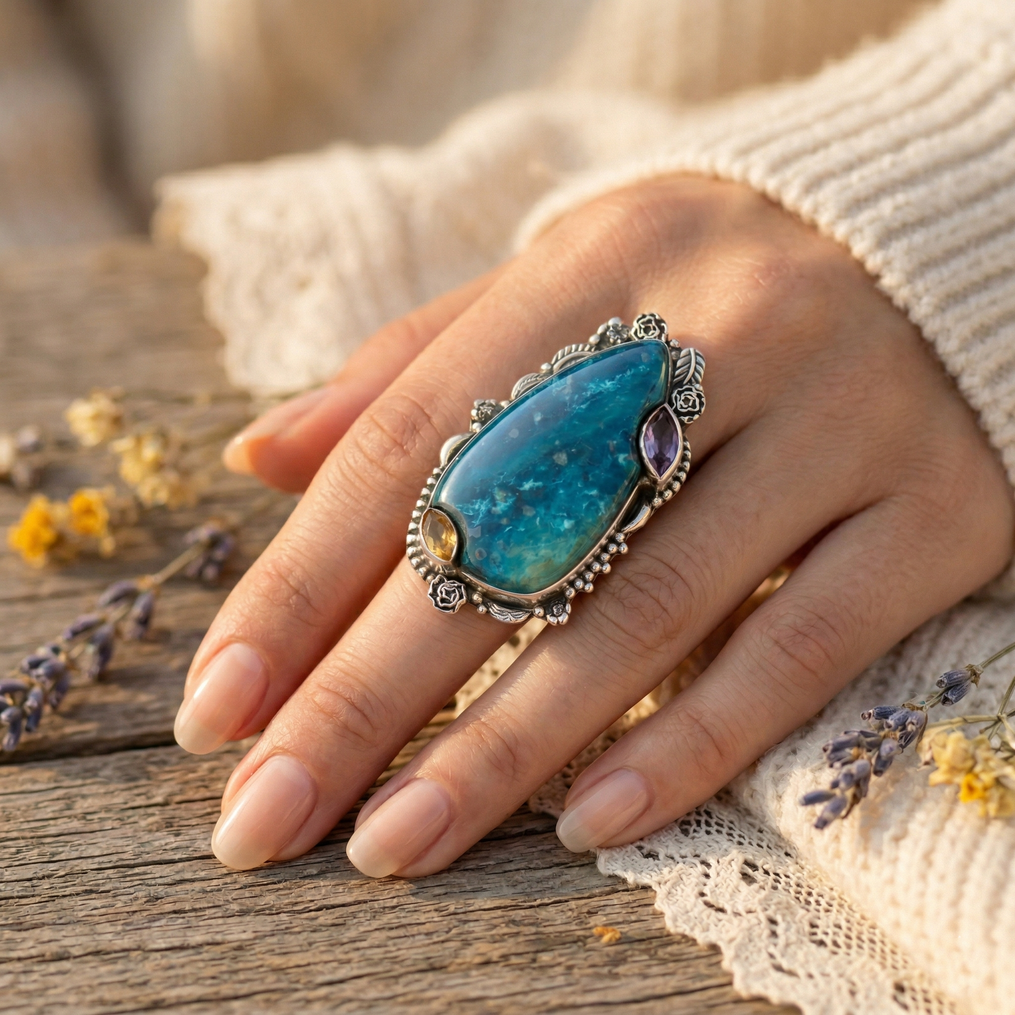 Ocean Flame Chrysocolla Multi-Stone Statement Ring – 925 Sterling Silver