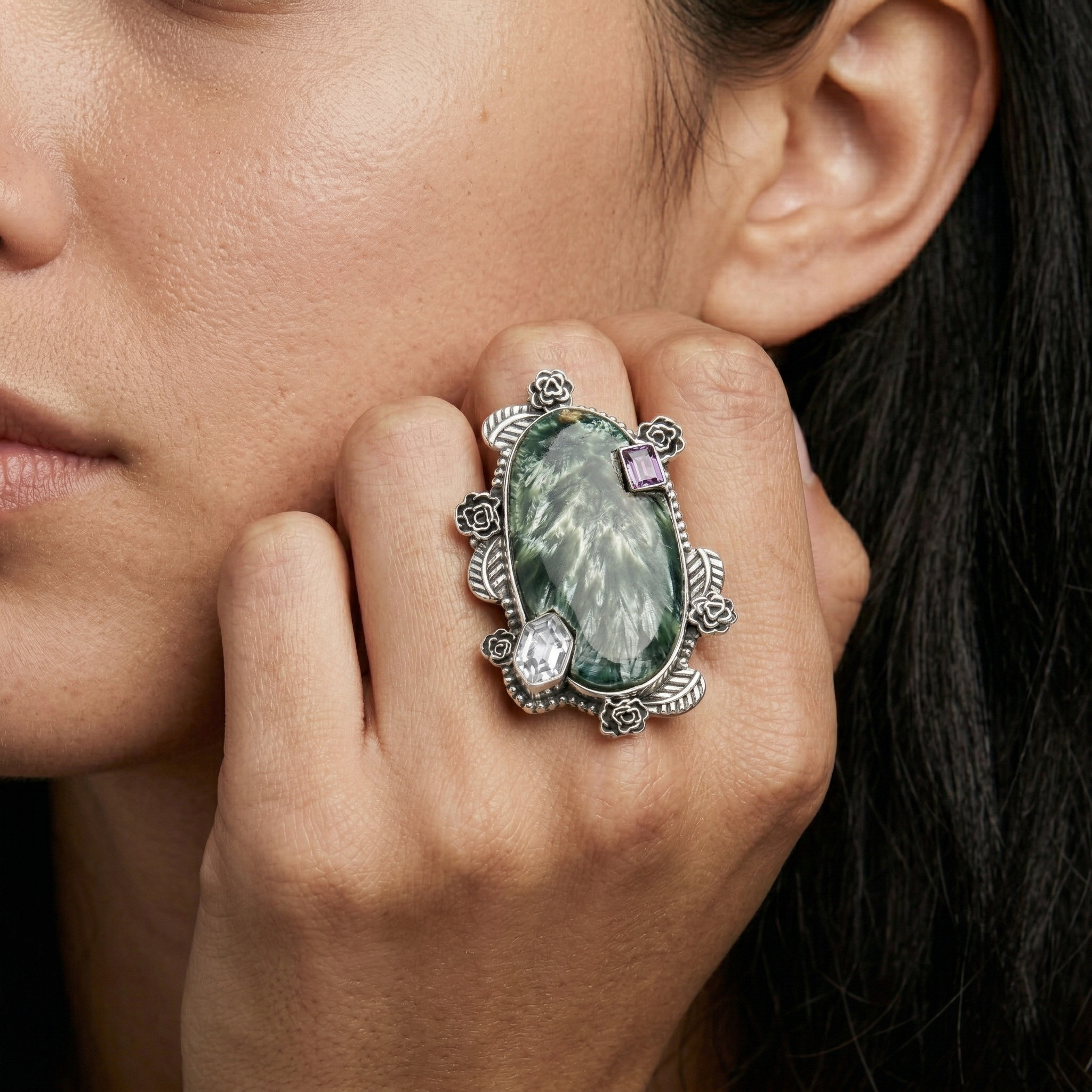 Feather Light Seraphinite Multi-Stone Statement Ring – 925 Sterling Silver